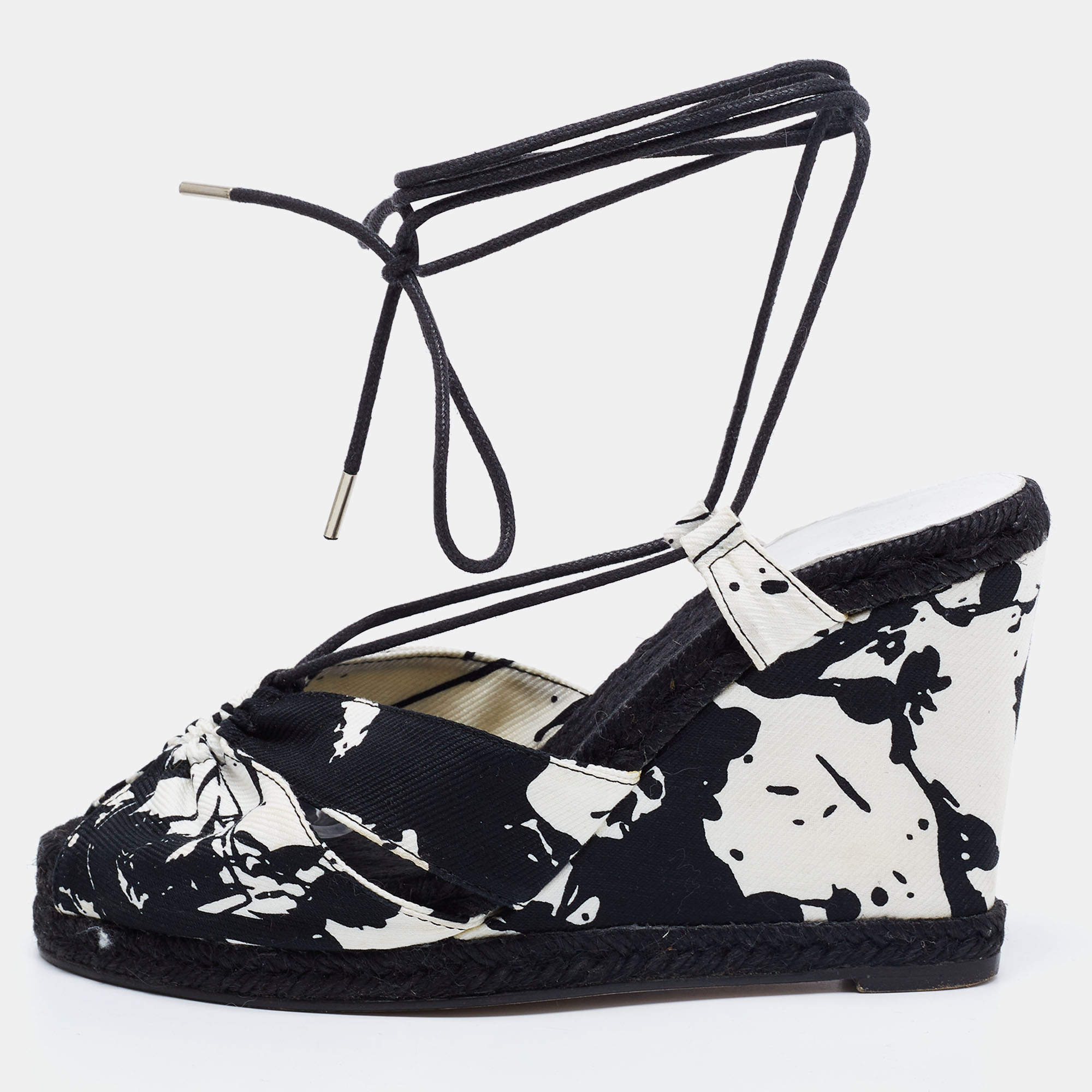 Hermes Black/White Canvas Wedge Sandals Size 36