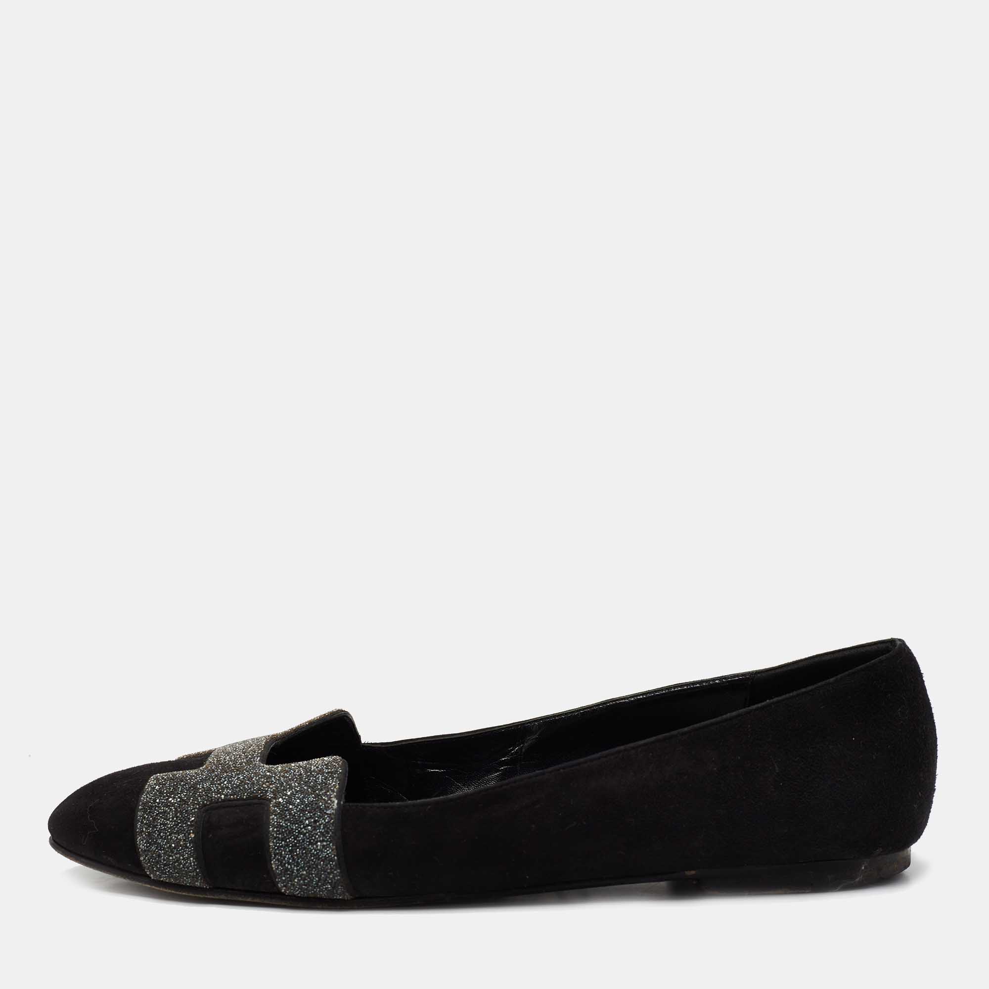 Hermes Black/Grey Suede and Crystal Powder Nice Ballet Flats Size 39 ...