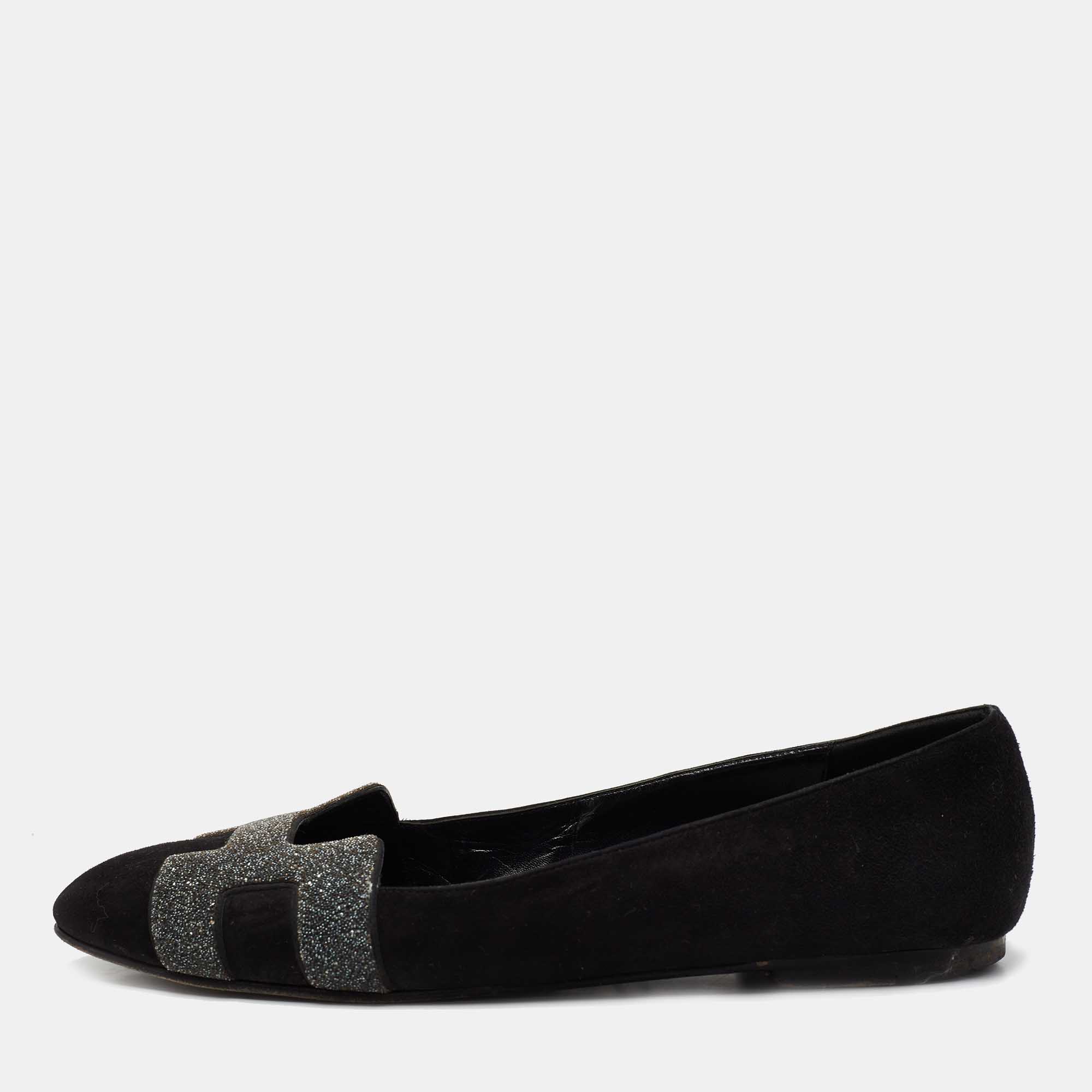 Pre Owned Hermes Black/Grey Suede and Crystal Powder Nice Ballet Flats Size 39