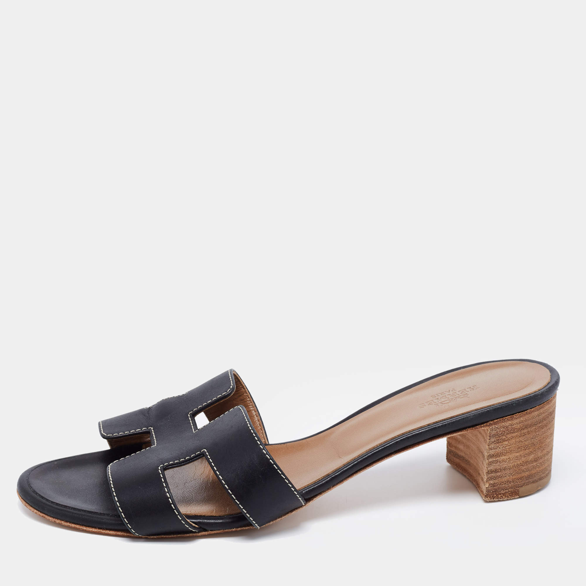 Hermes Black Leather Oasis Sandals Size 38