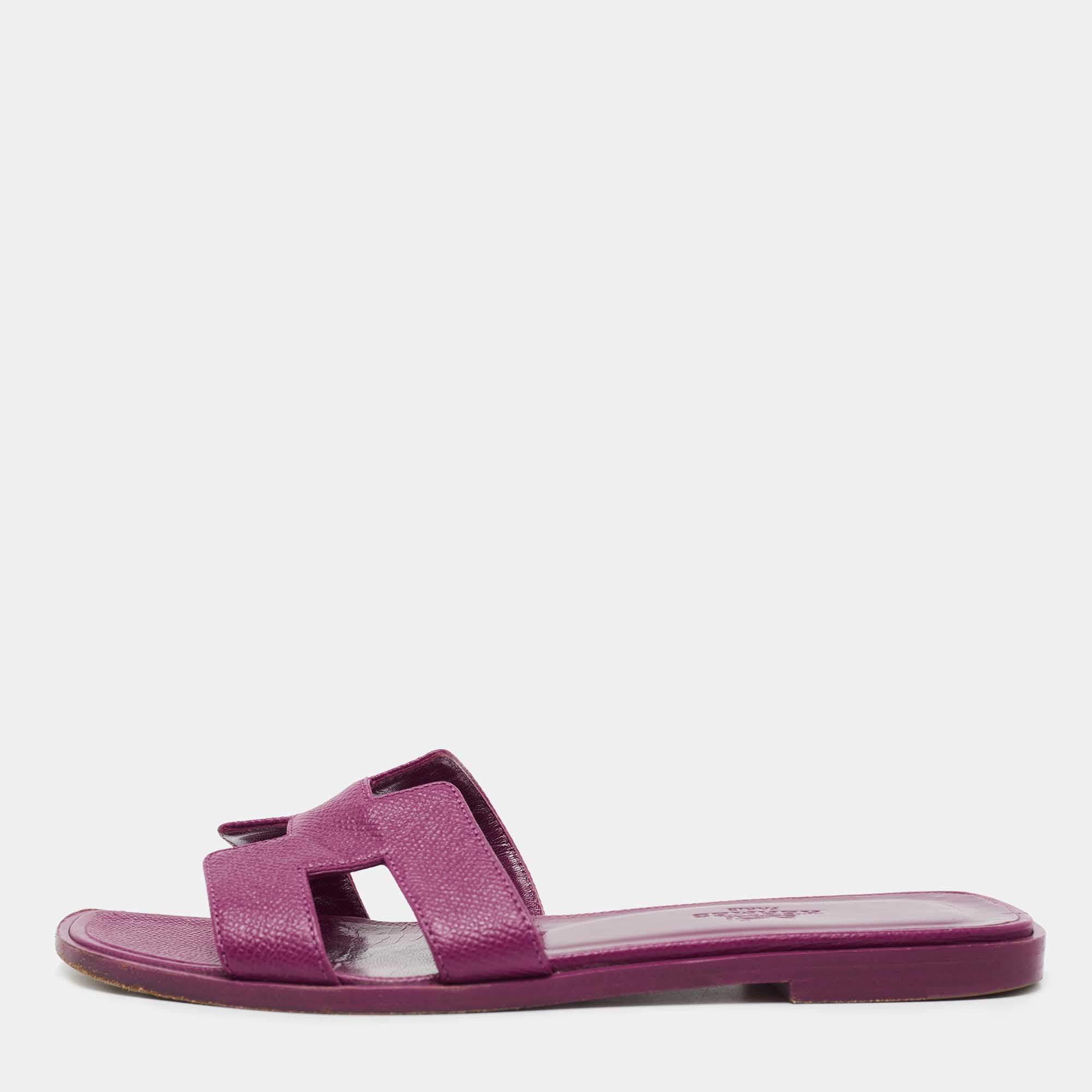 Hermes Pink Leather Oran Flat Slides Size 35