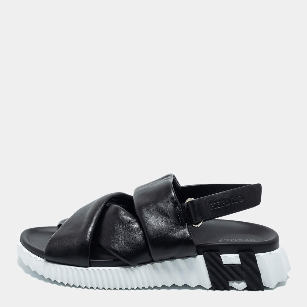 Hermes Black Leather Electric Flat Sandals Size 38.5