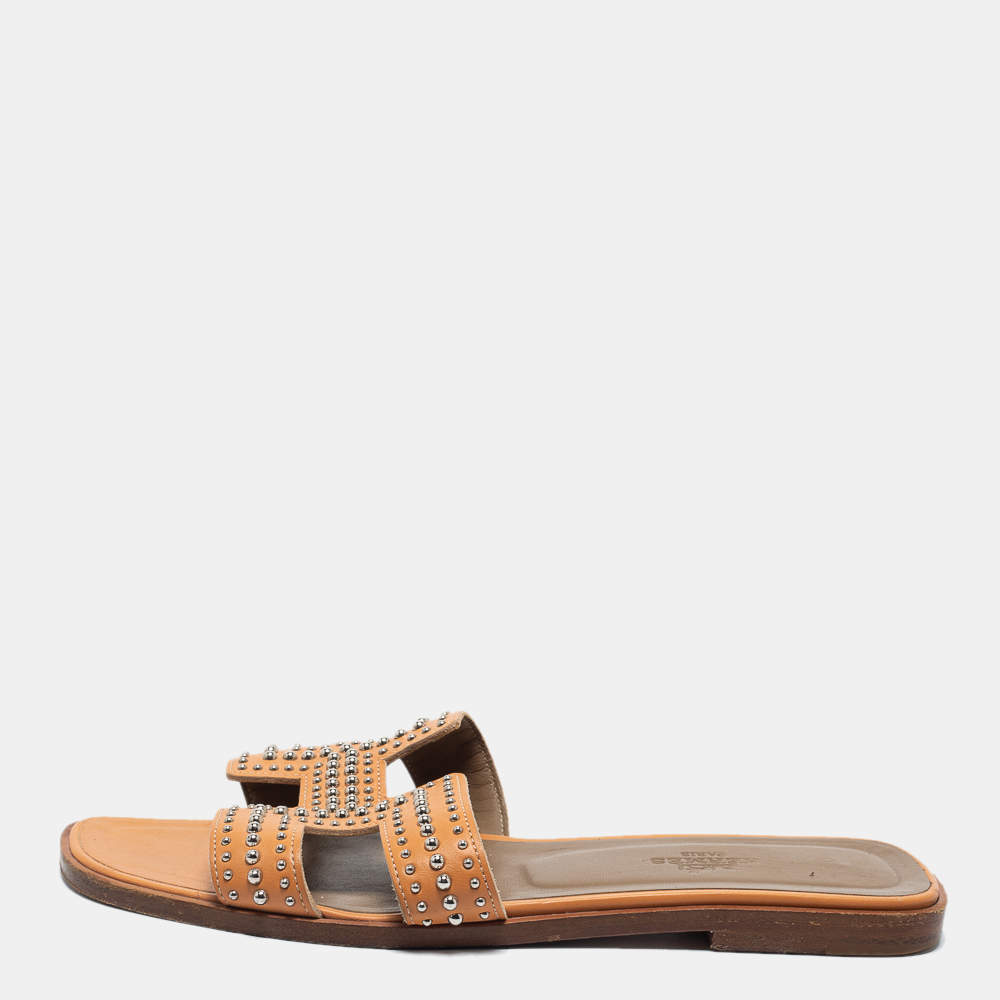 Hermes Orange Leather Oran Studded Flat Slides Size 36.5