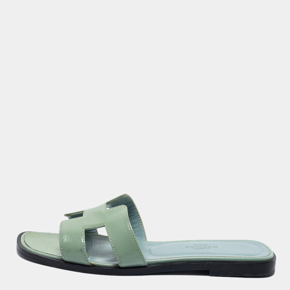 Hermes Green Patent Leather Oran Flat Slides Size 36