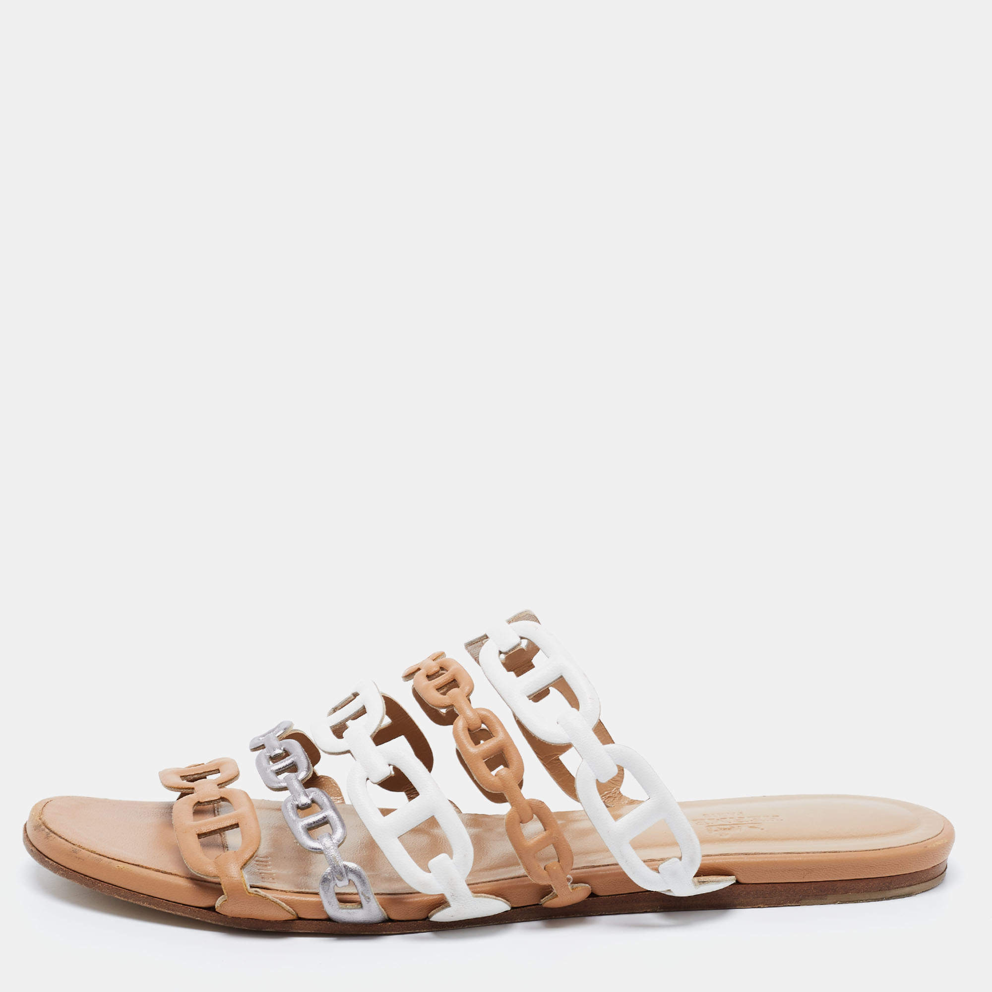 Pre Owned Hermès Multicolor Leather D'ancre Chaine Flat Slides Size 38