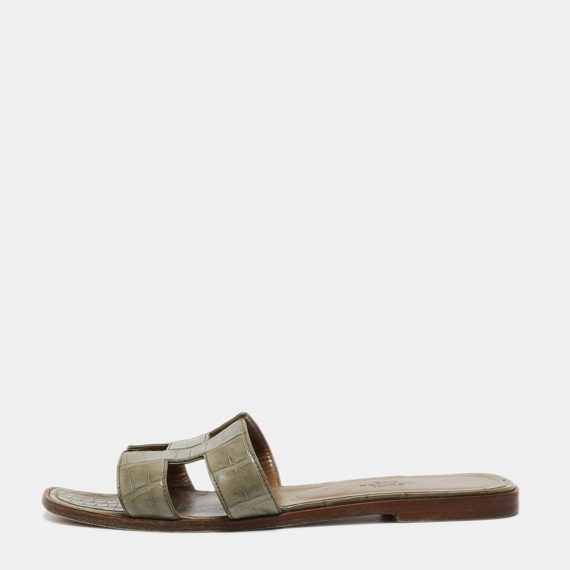 Hermes Green Alligator Leather Oran Flat Slides Size 38.5