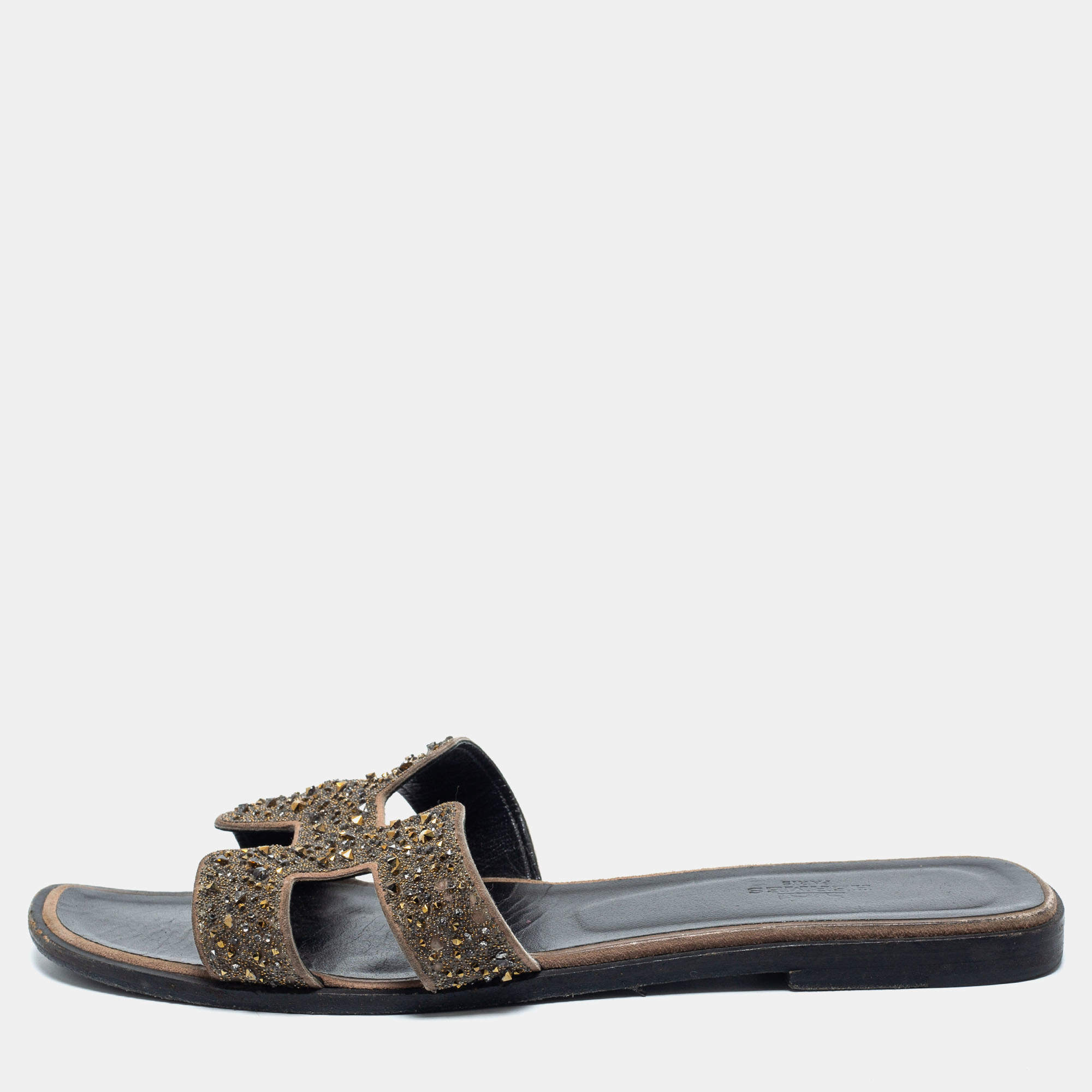Hermes Beige Leather Crystal Embellished Oran Flat Slides Size 38.5