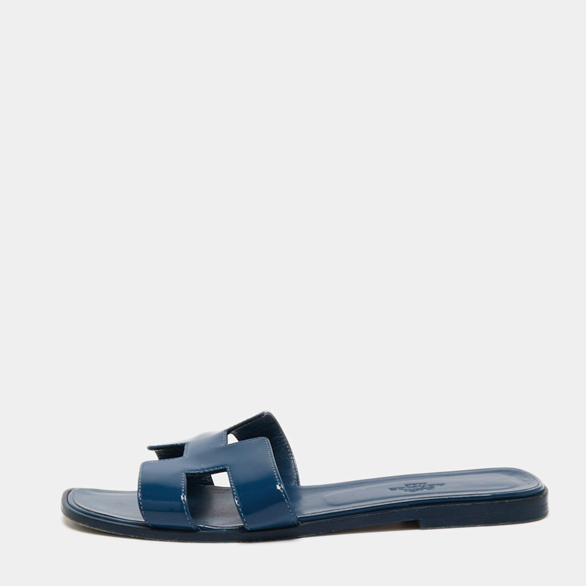 Hermes Midnight Blue Patent Leather Oran Flat Slides Size 39