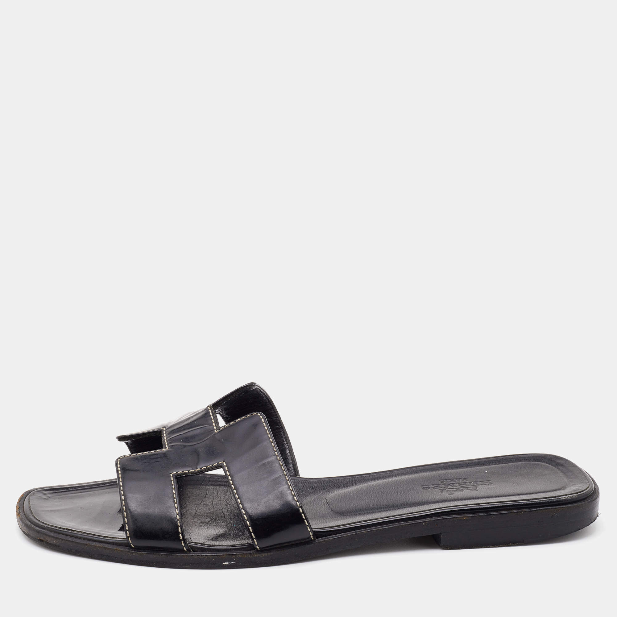Pre Owned Hermes Black Leather Oran Flat Slides Size 37