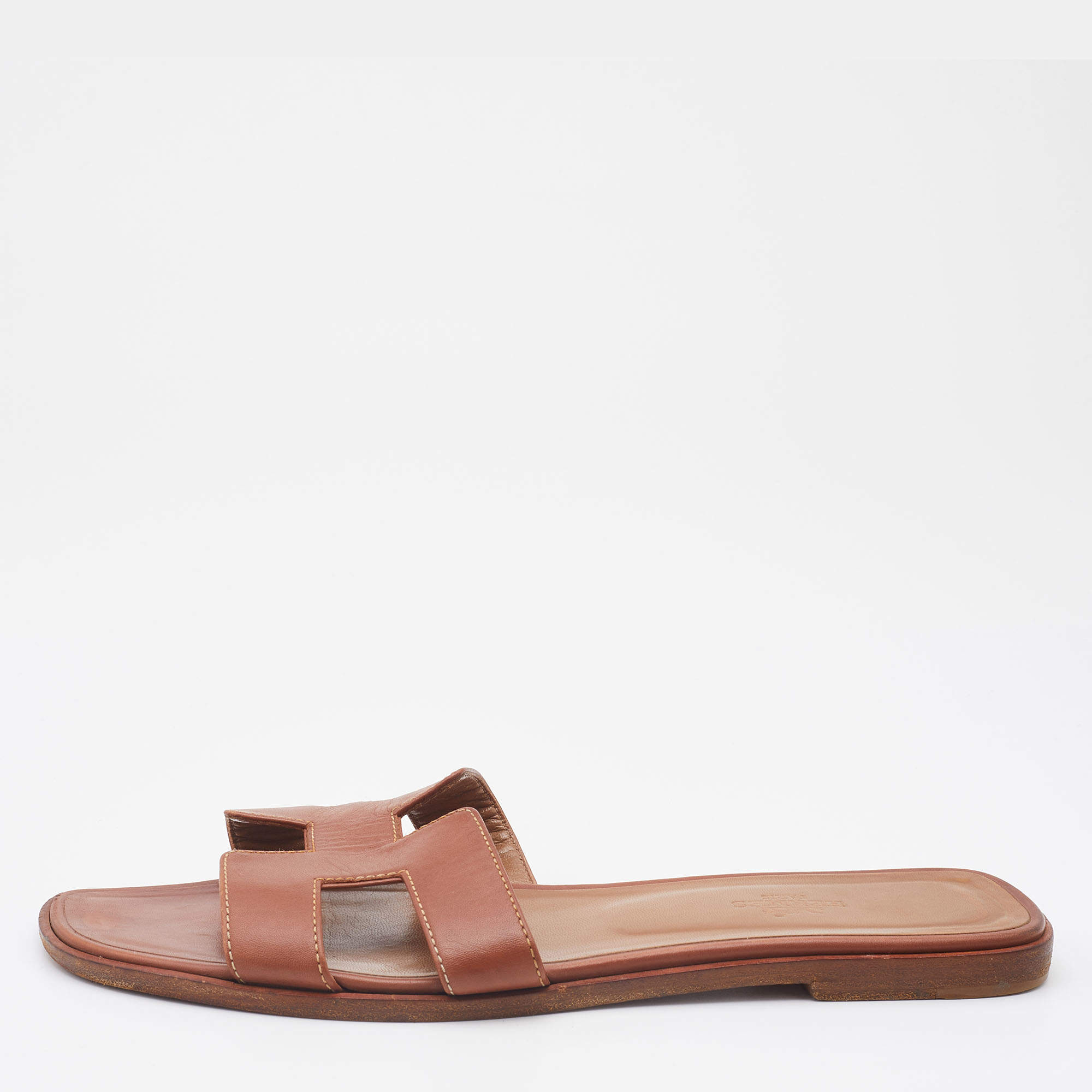 Pre Owned Hermès Brown Leather Oran Flat slides Size 39.5