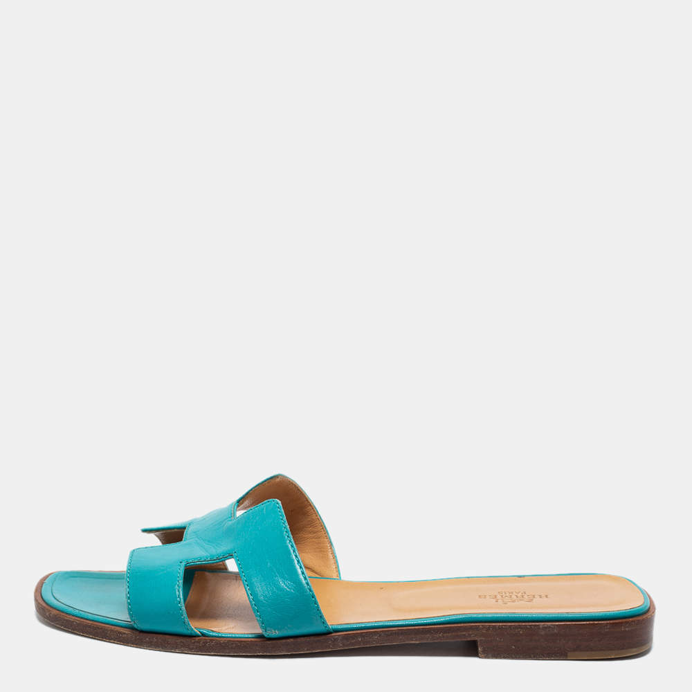 Hermes Turquoise Leather Oran Flat Slides Size 40