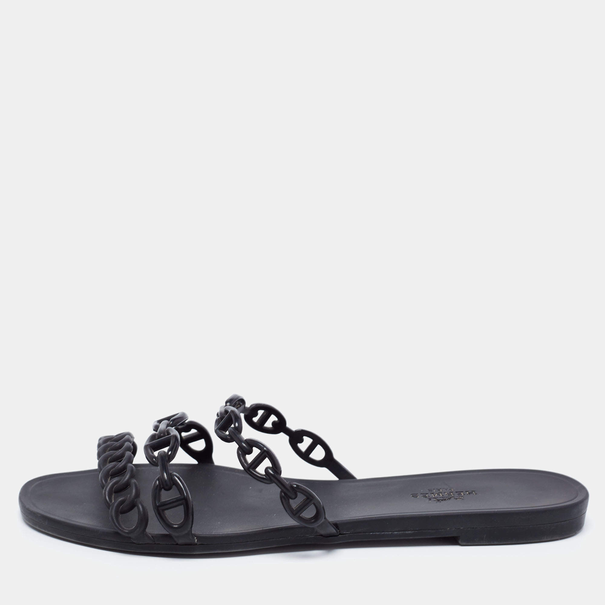 Pre Owned Hermes Black Rubber D'ancre Chaine Rivage Flat Slides Size 39