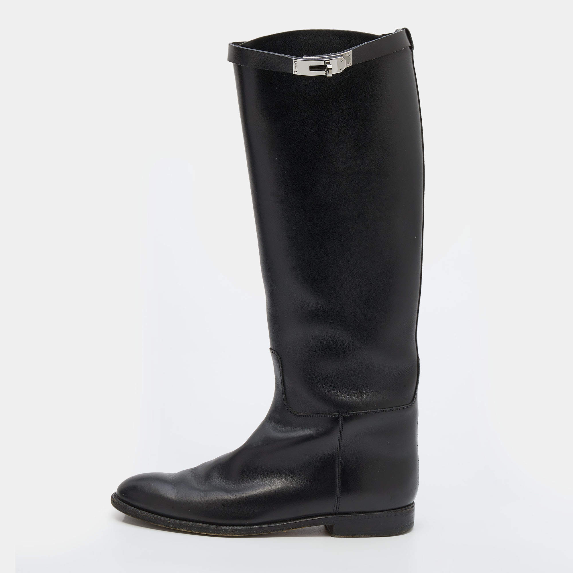Pre Owned Hermes Black Leather Jumping Knee Length Boots Size 40