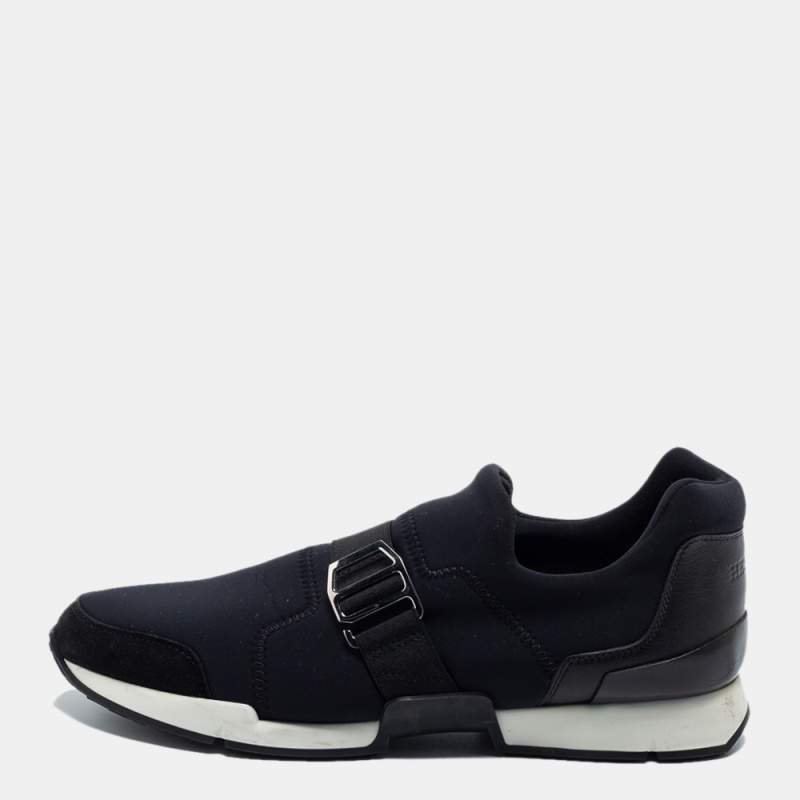 Pre Owned Hermes Black Neoprene and Leather Run Slip On Sneakers Size 37