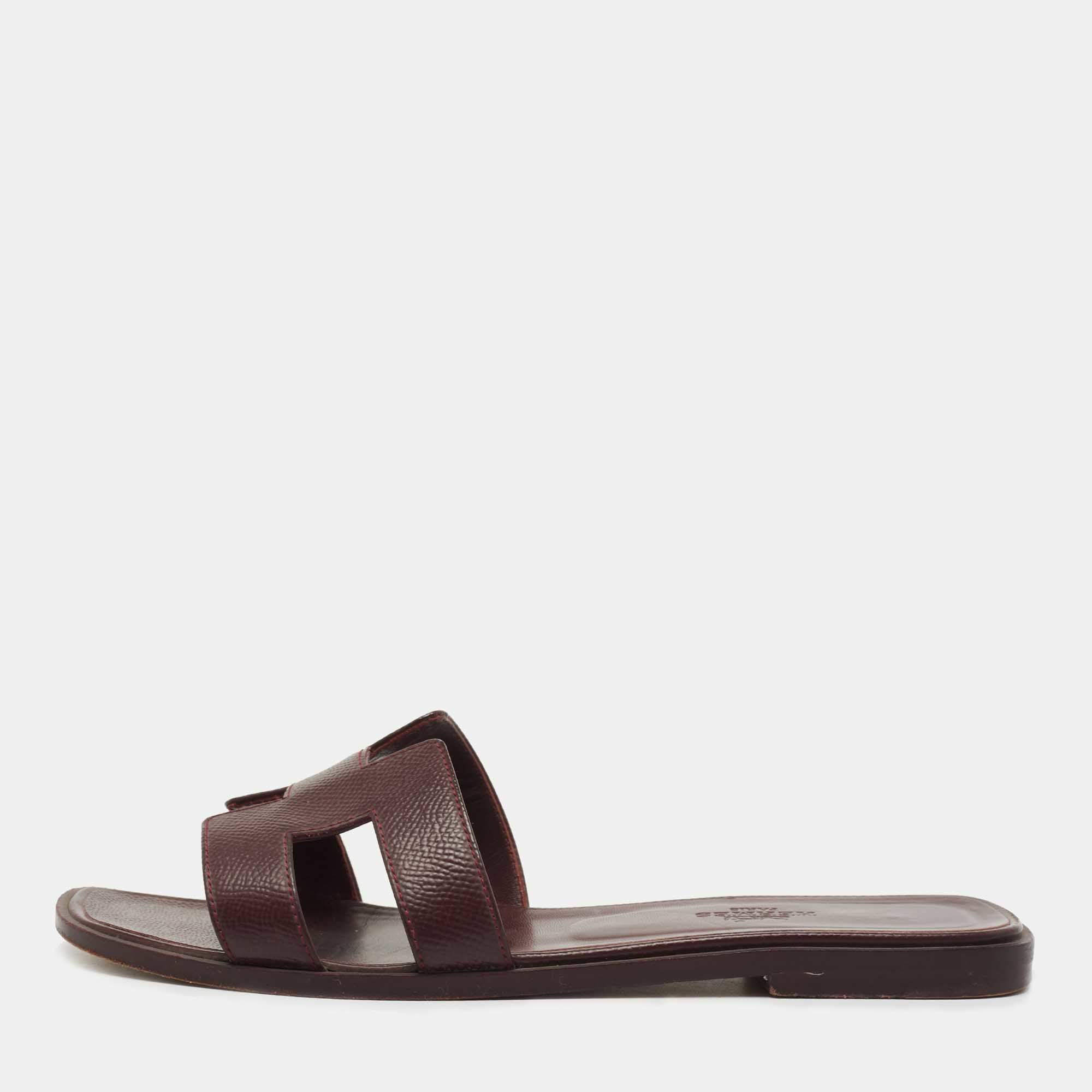 Hermes Burgundy Lizard Embossed Leather Oran Flat Slides Sze 37.5