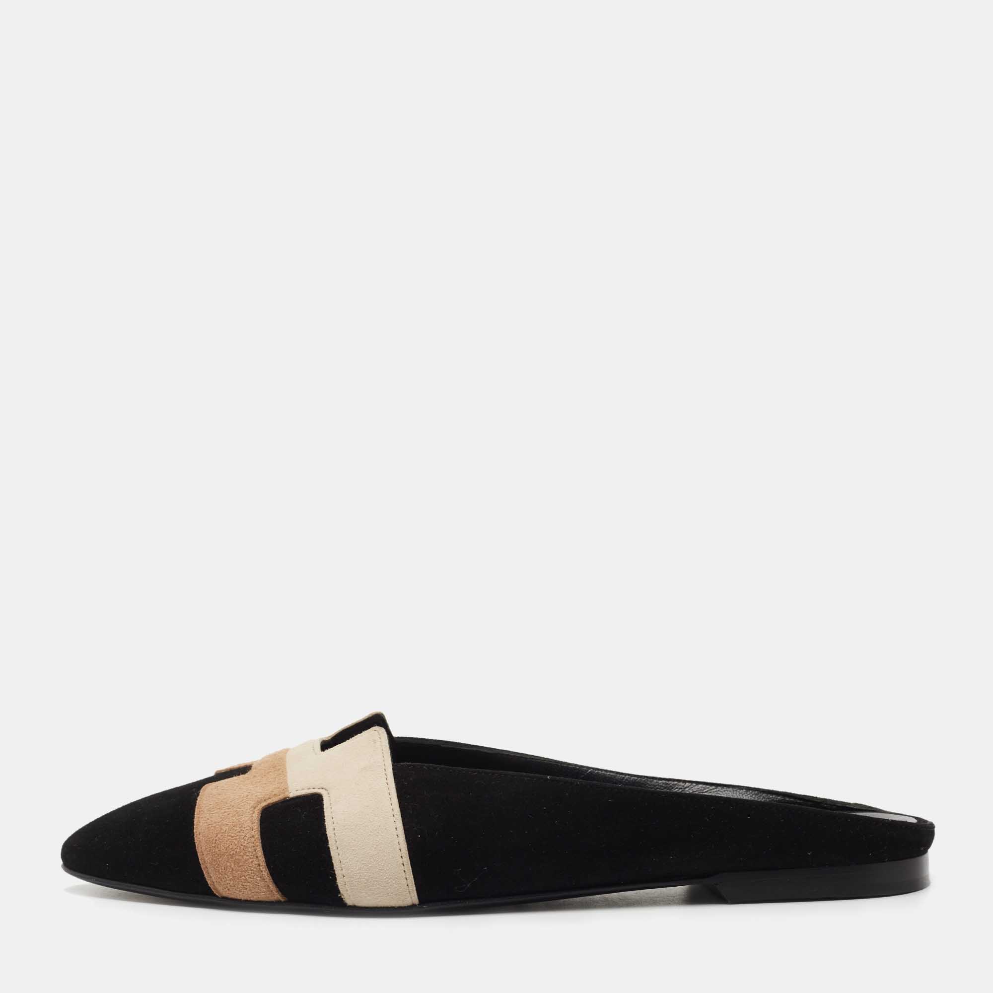 Pre Owned Hermes Tricolor Suede Roxane Flat Mules Size 37.5