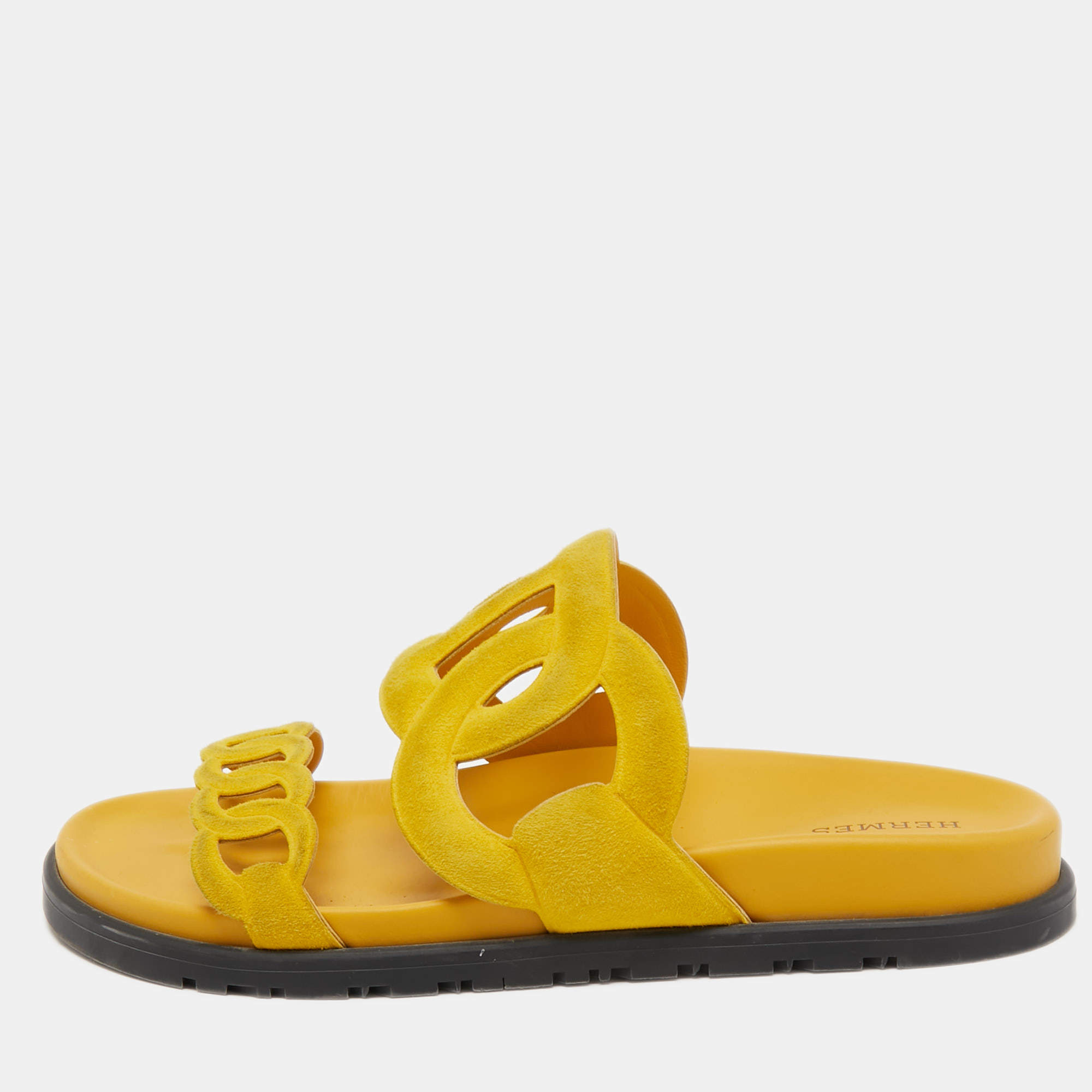Hermes Yellow Suede Extra Slide Flats Size 38  