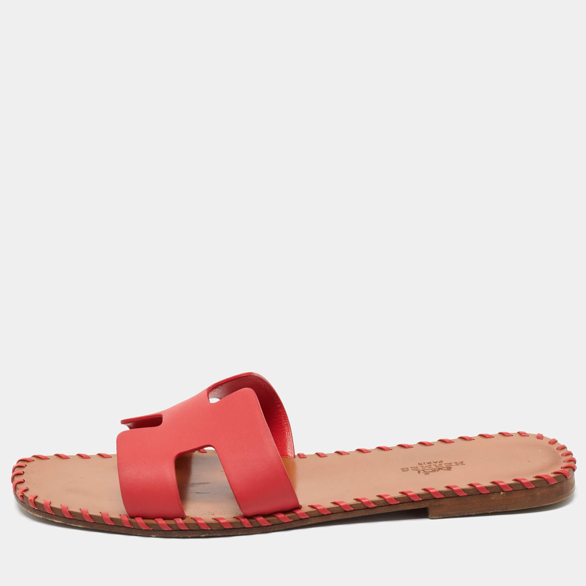Hermès Red Leather Oran Flat Slides Size 38