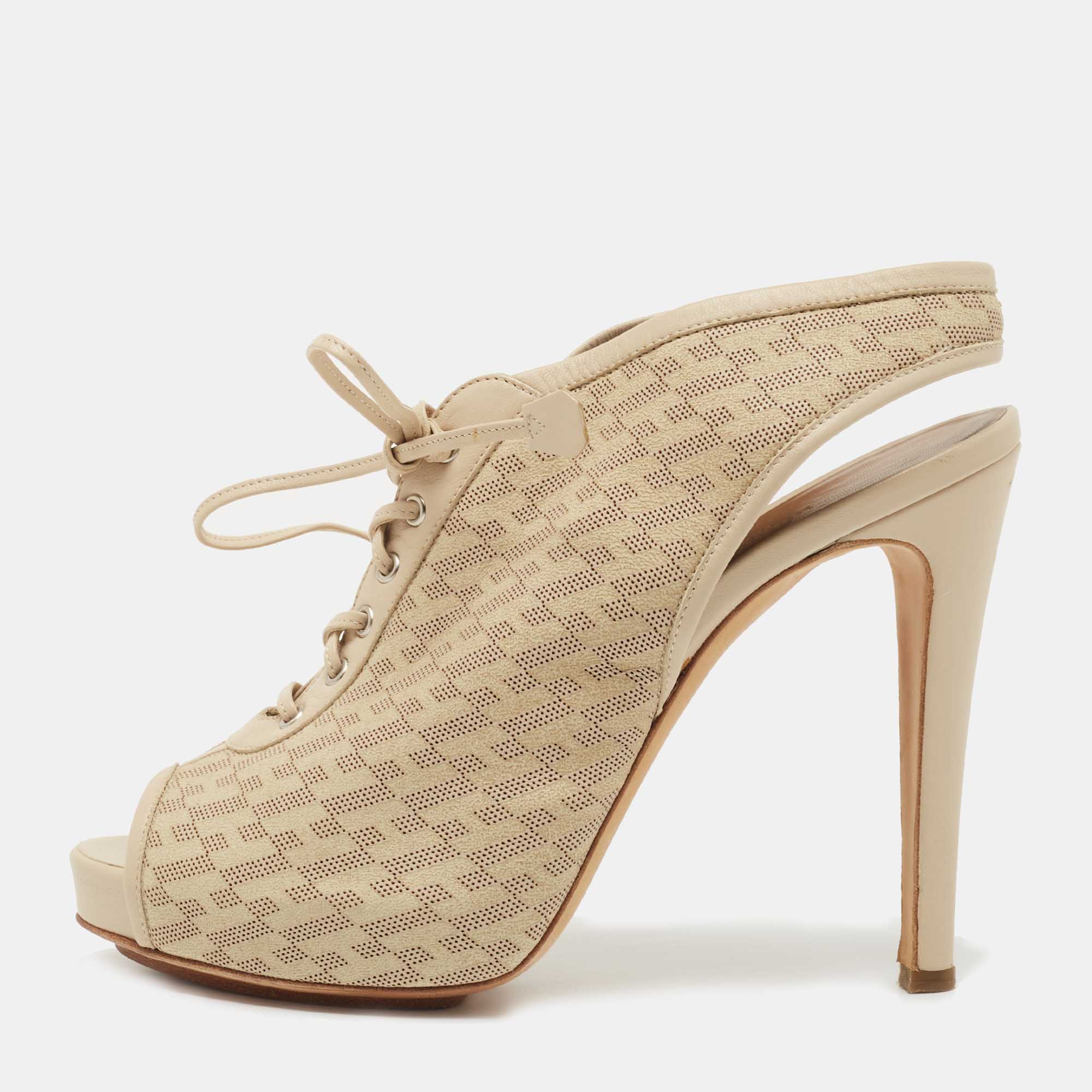 Hermes Beige Perforated Leather Garrigue Peep Toe Booties Size 40