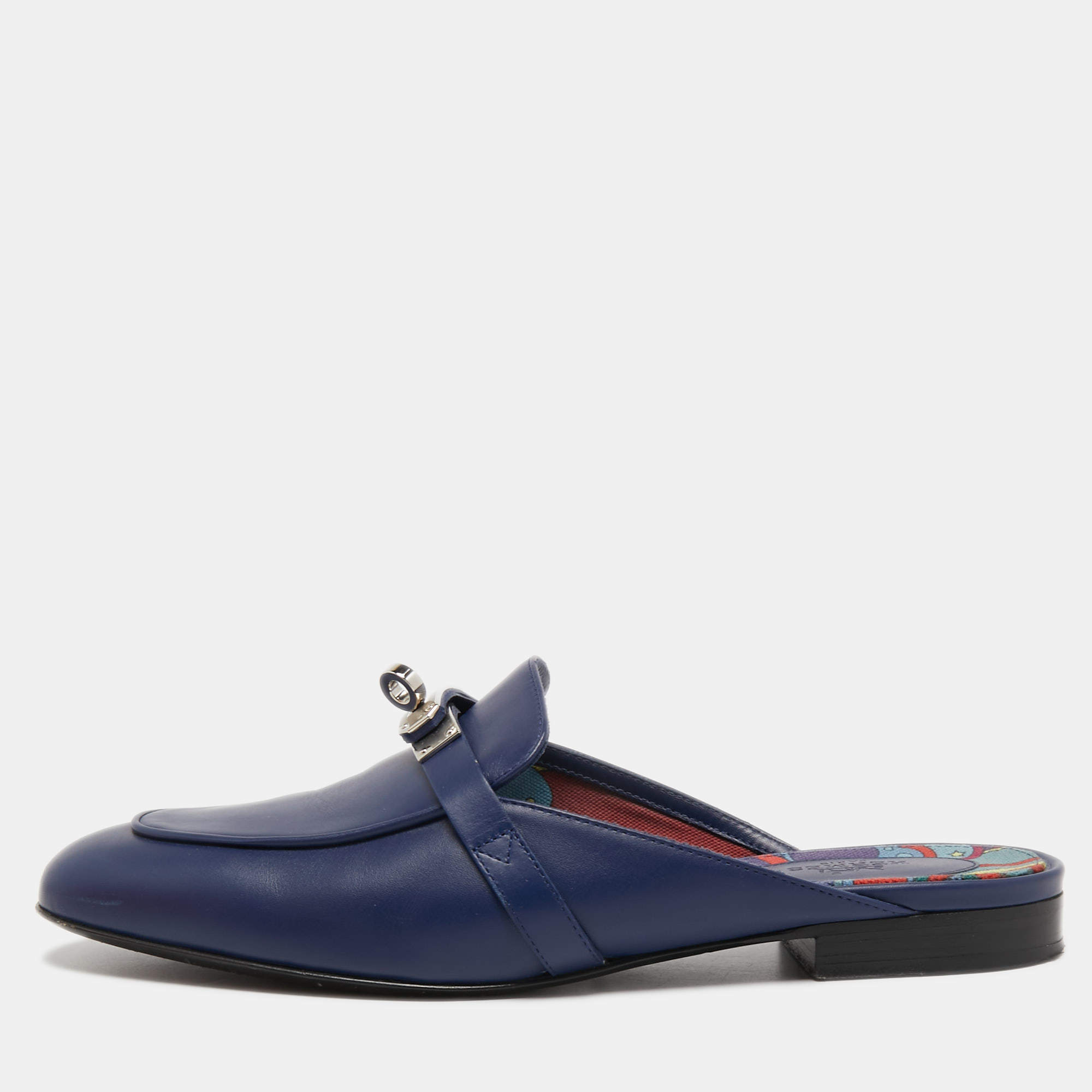 Hermes Navy Blue Leather Oz Mules Size 37