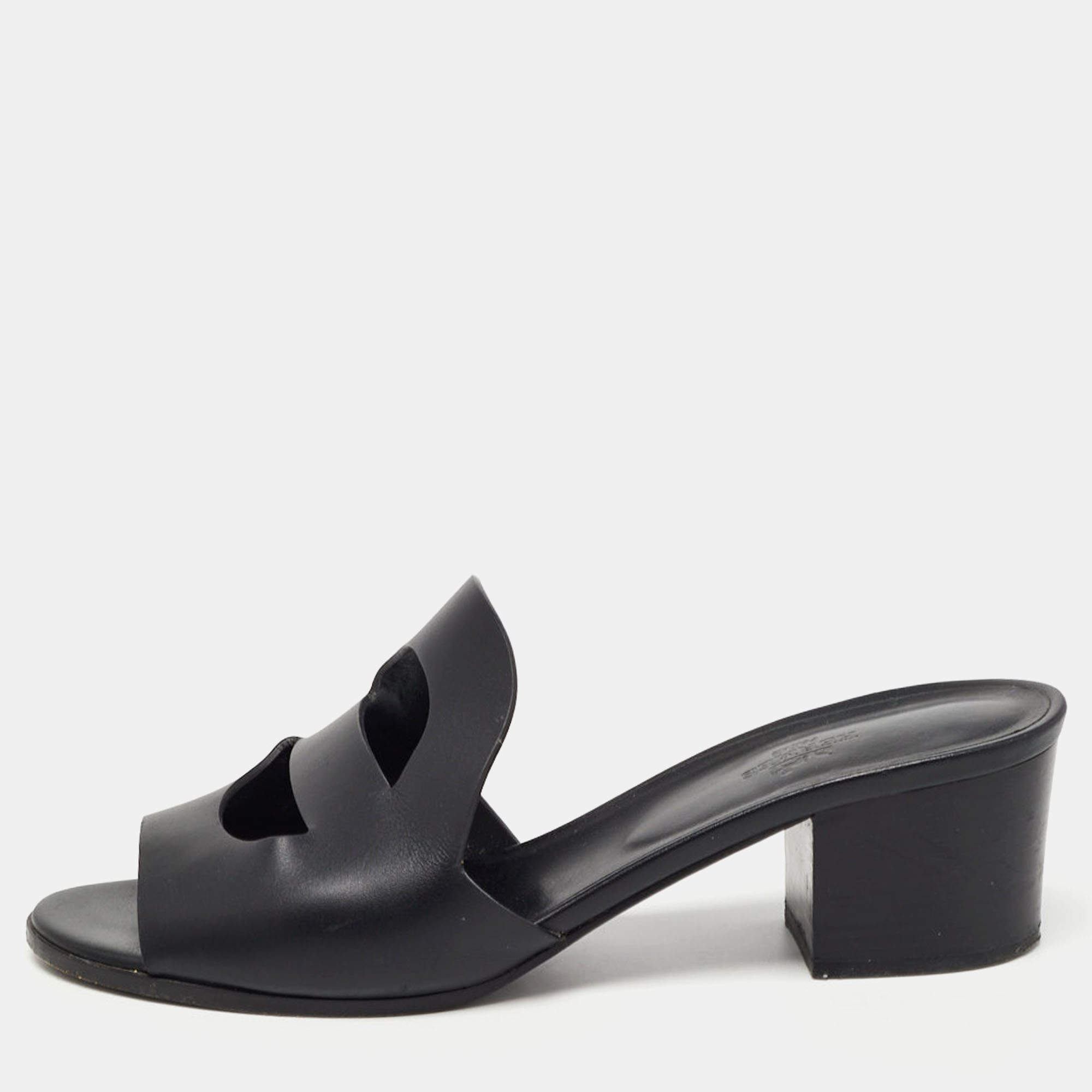 Hermes Black Leather Mona Slide Sandals Size 41