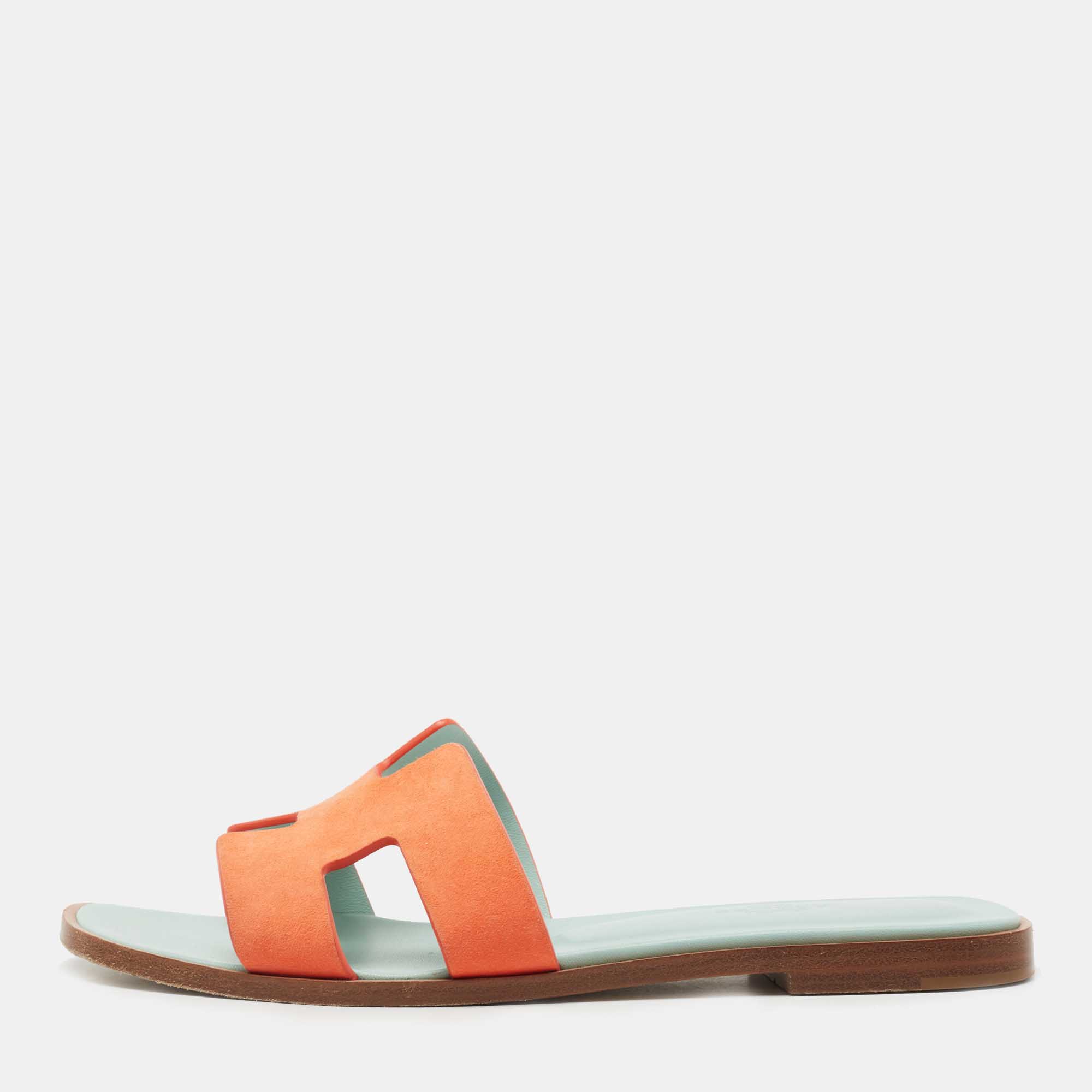 Hermes Coral Orange Nubuck Leather Oran Flat Slides Size 37.5