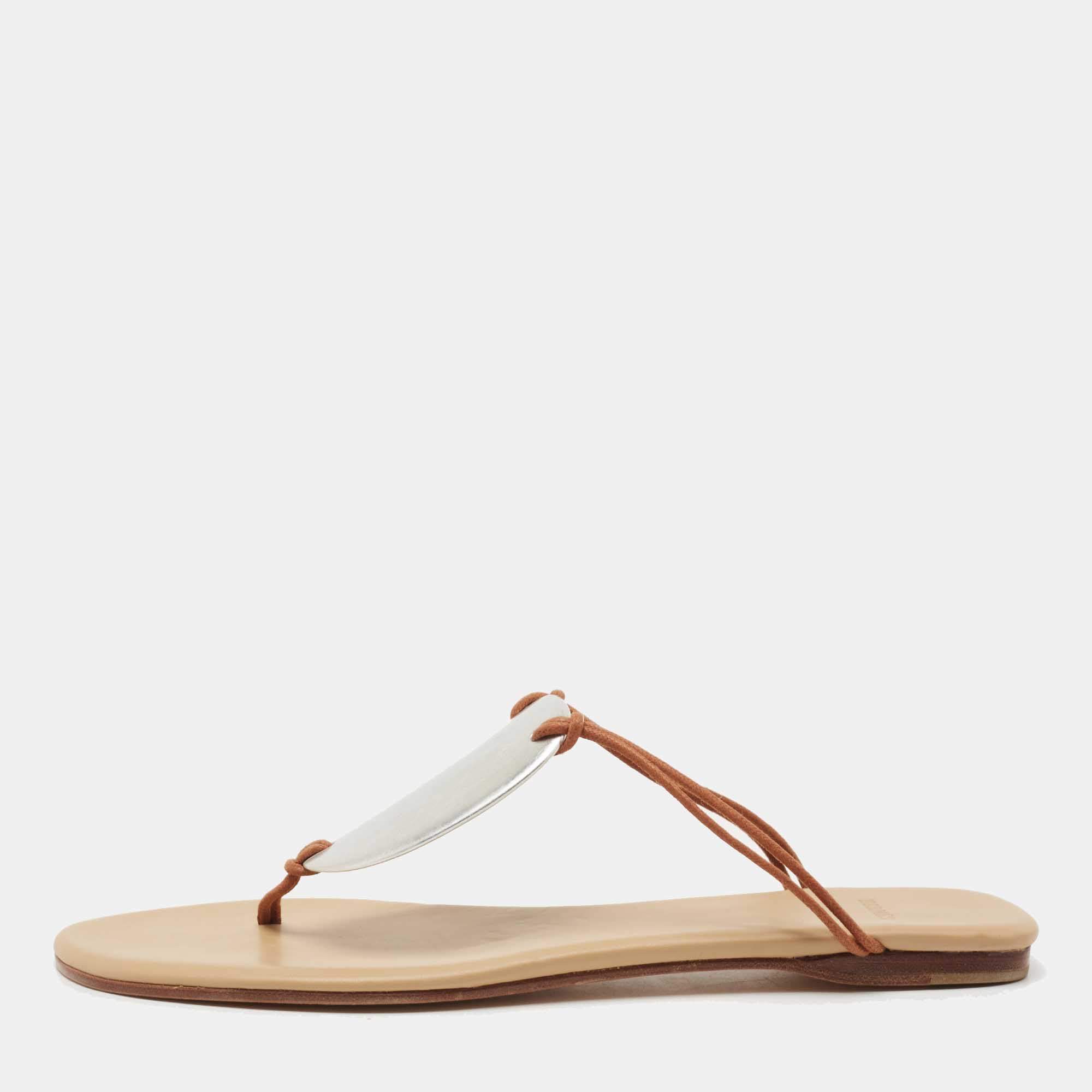 Hermes Brown/Silver Leather Thong Flats Size 41 