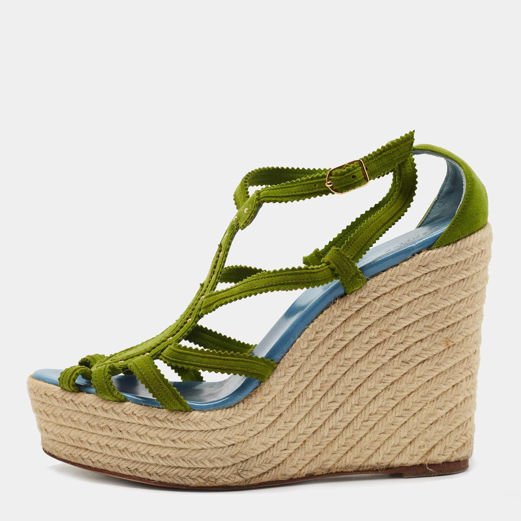 Hermes Green Suede Espadrille Wedge Sandals Size 41