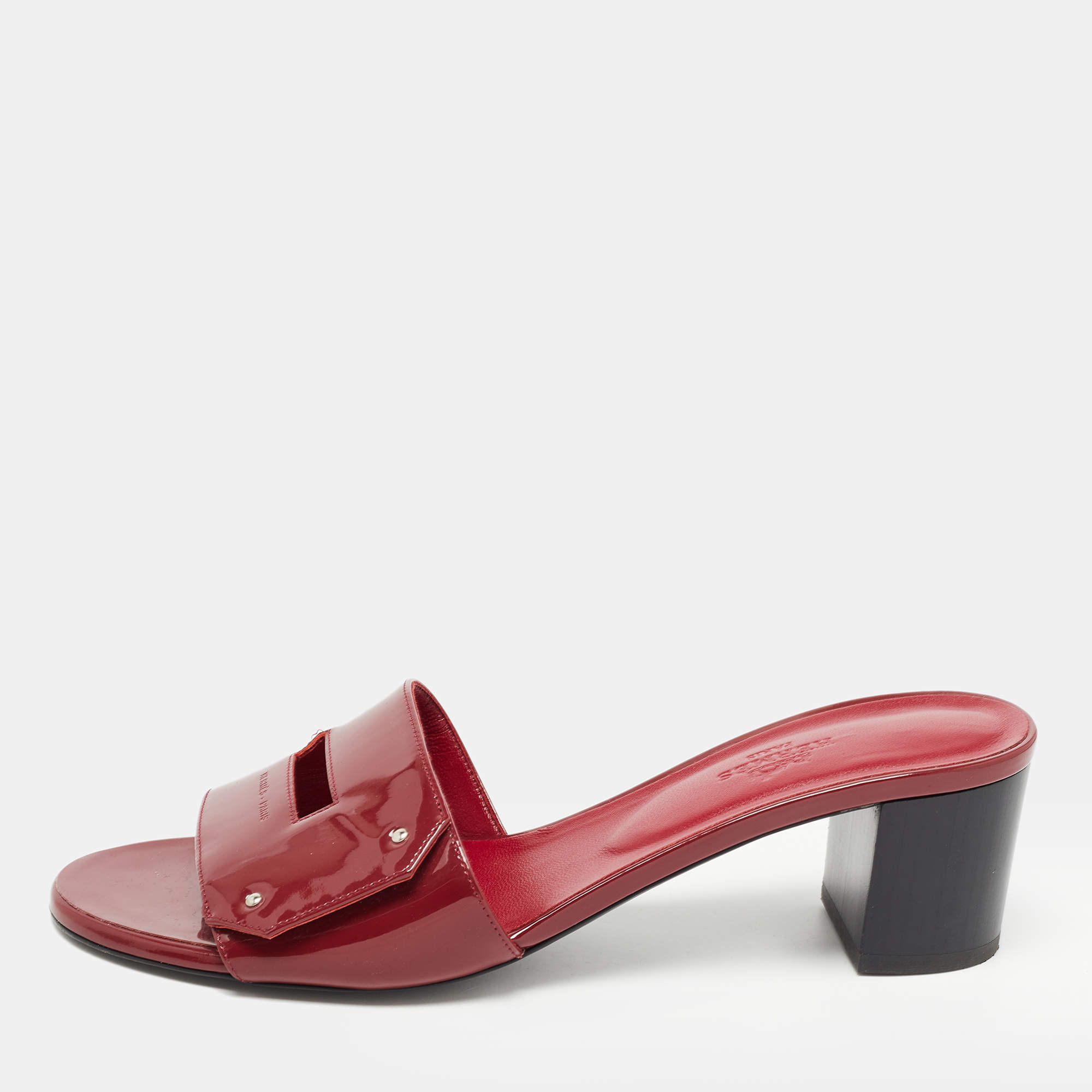 Hermes Burgundy Patent Leather View Slide Sandals Size 38.5
