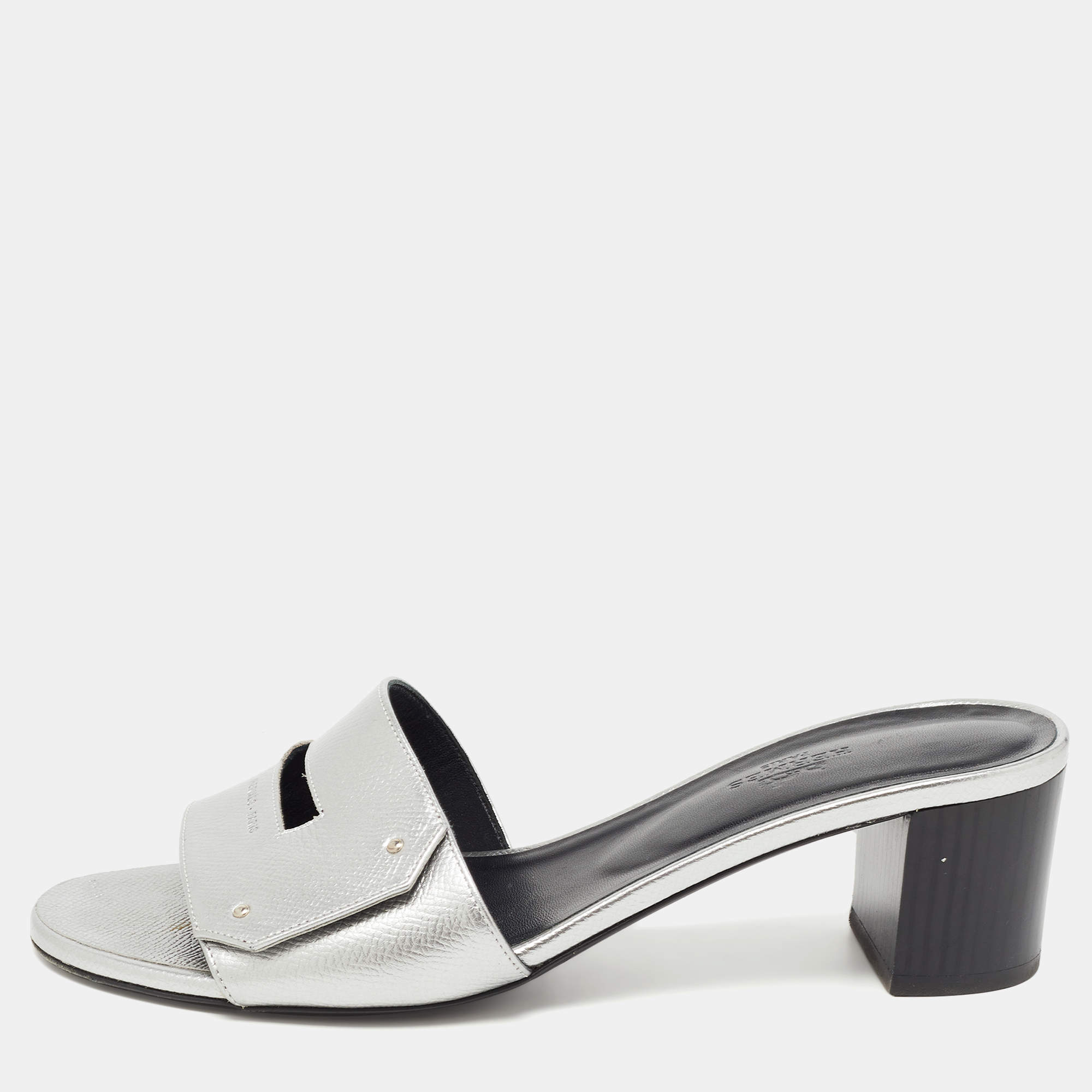 Hermes Silver Leather Very Block Heel Sandals Size 38.5