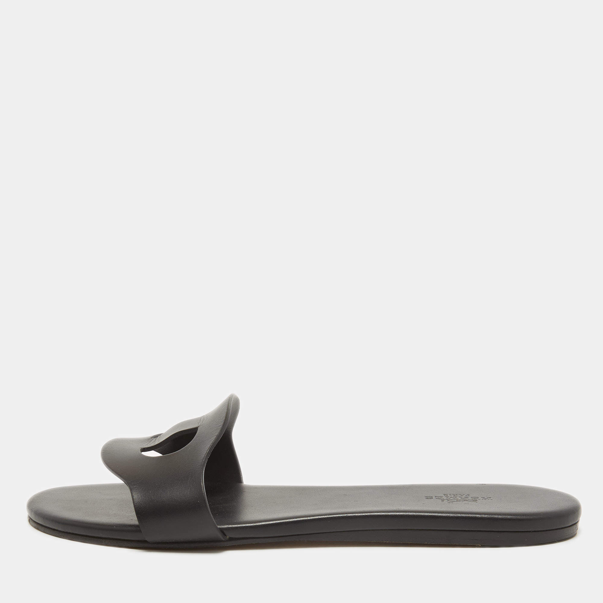 Hermes Black Leather Lisboa Flat Slides Size 38
