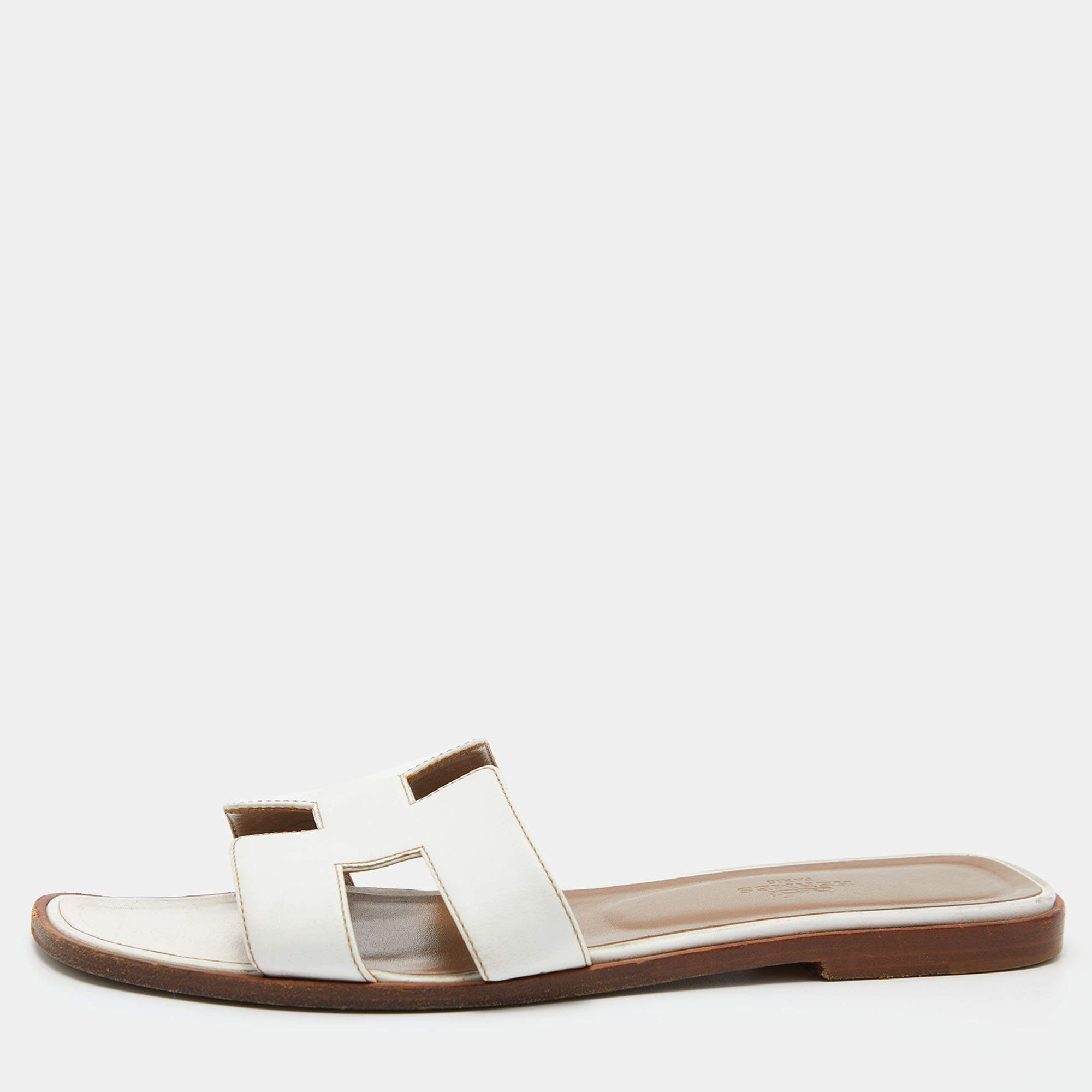 Pre Owned Hermes White Leather Oran Slide Sandals Size 39