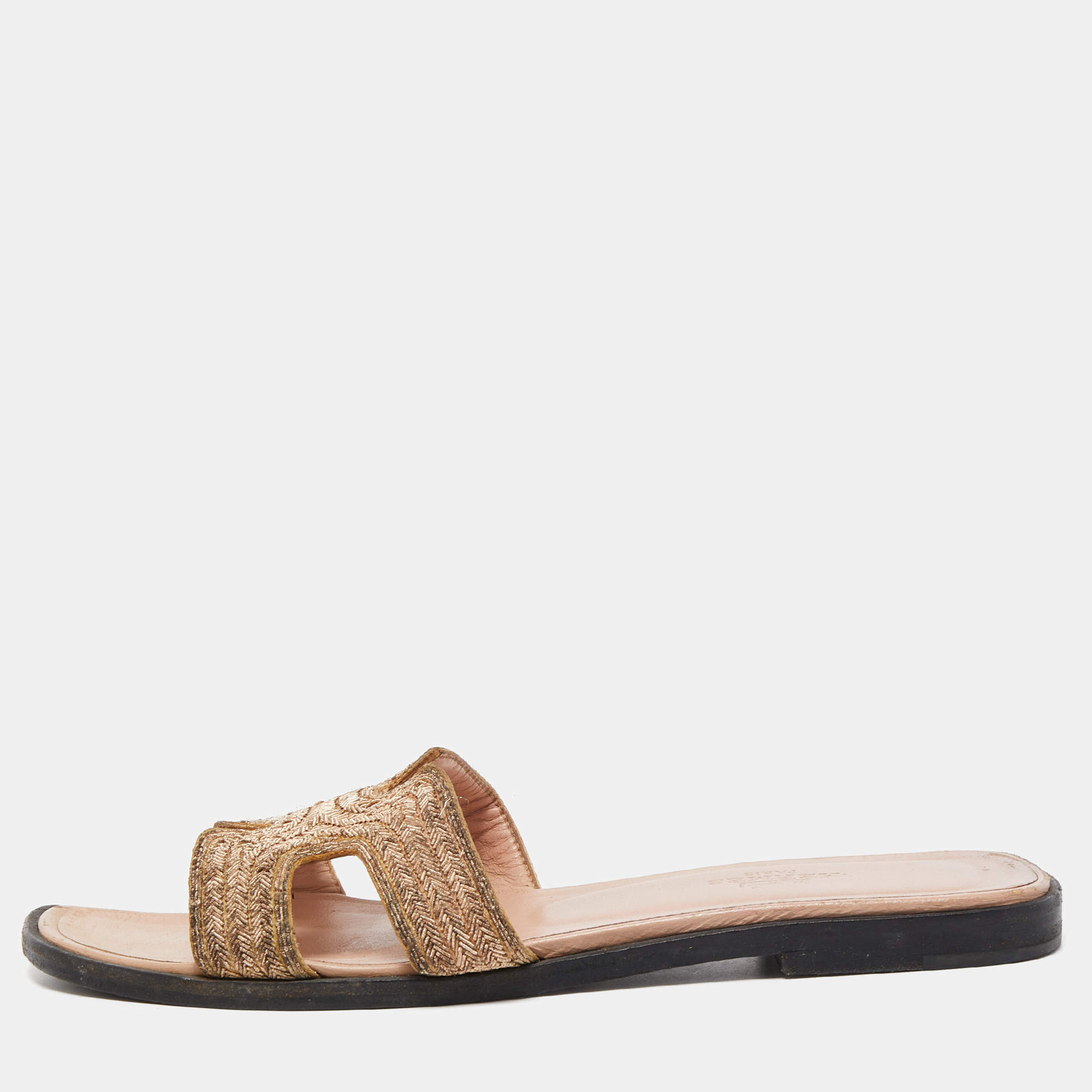 Hermes Metallic Gold Twisted Metal Thread Oran Slide Flats Size 36