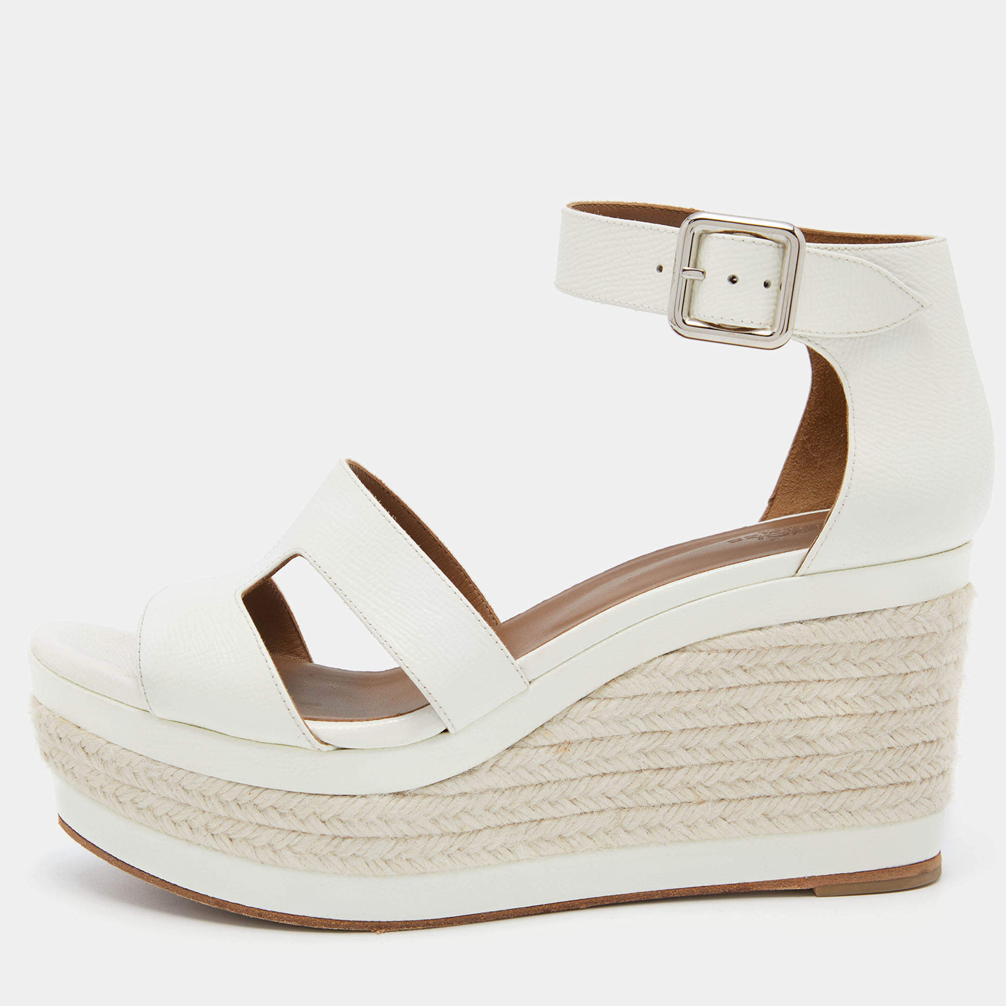 Pre Owned Hermes White Patenr Leather Ilana Espadrille Wedge Sandals Size 38.5