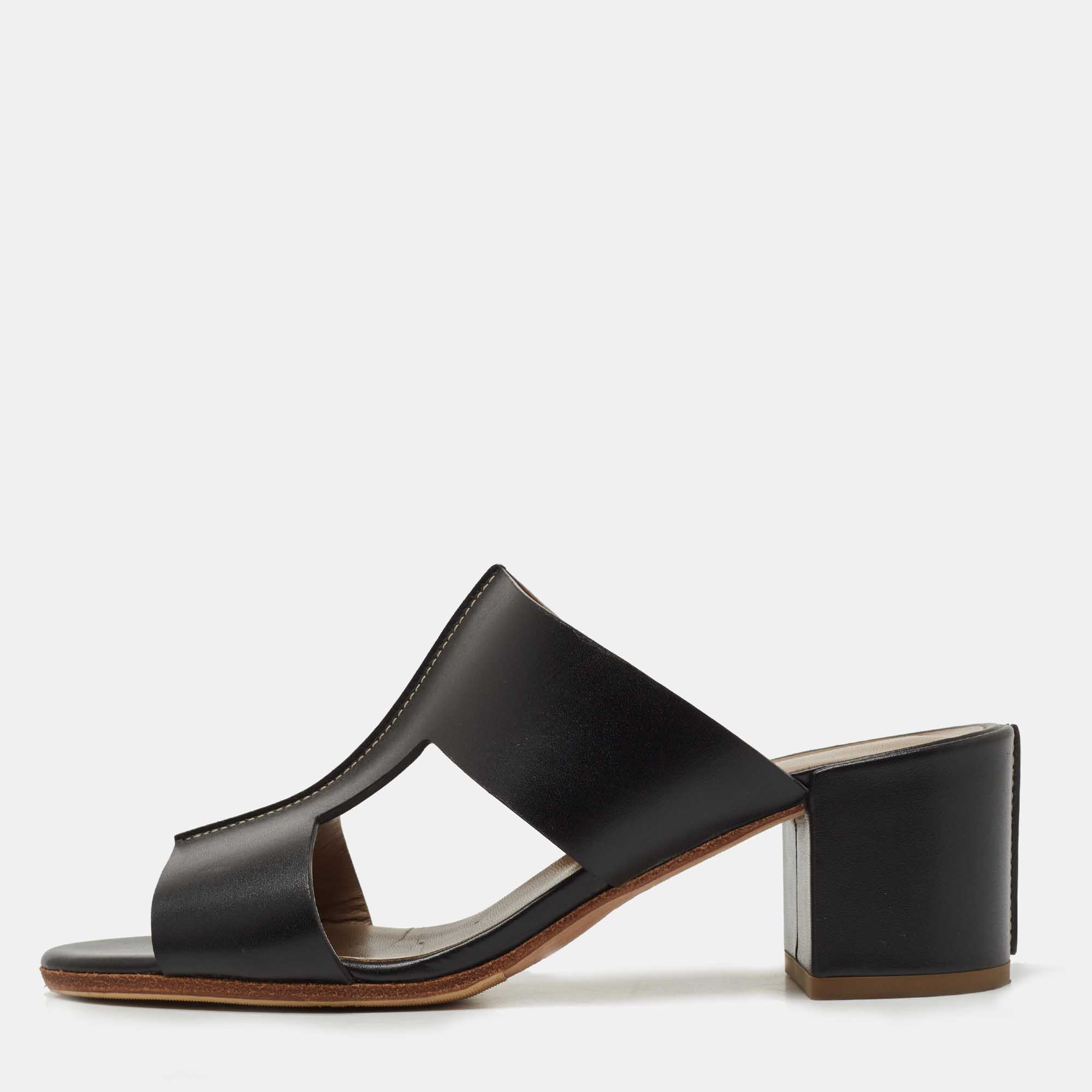 Hermes Black Leather Ostia Slide Sandals Size 36