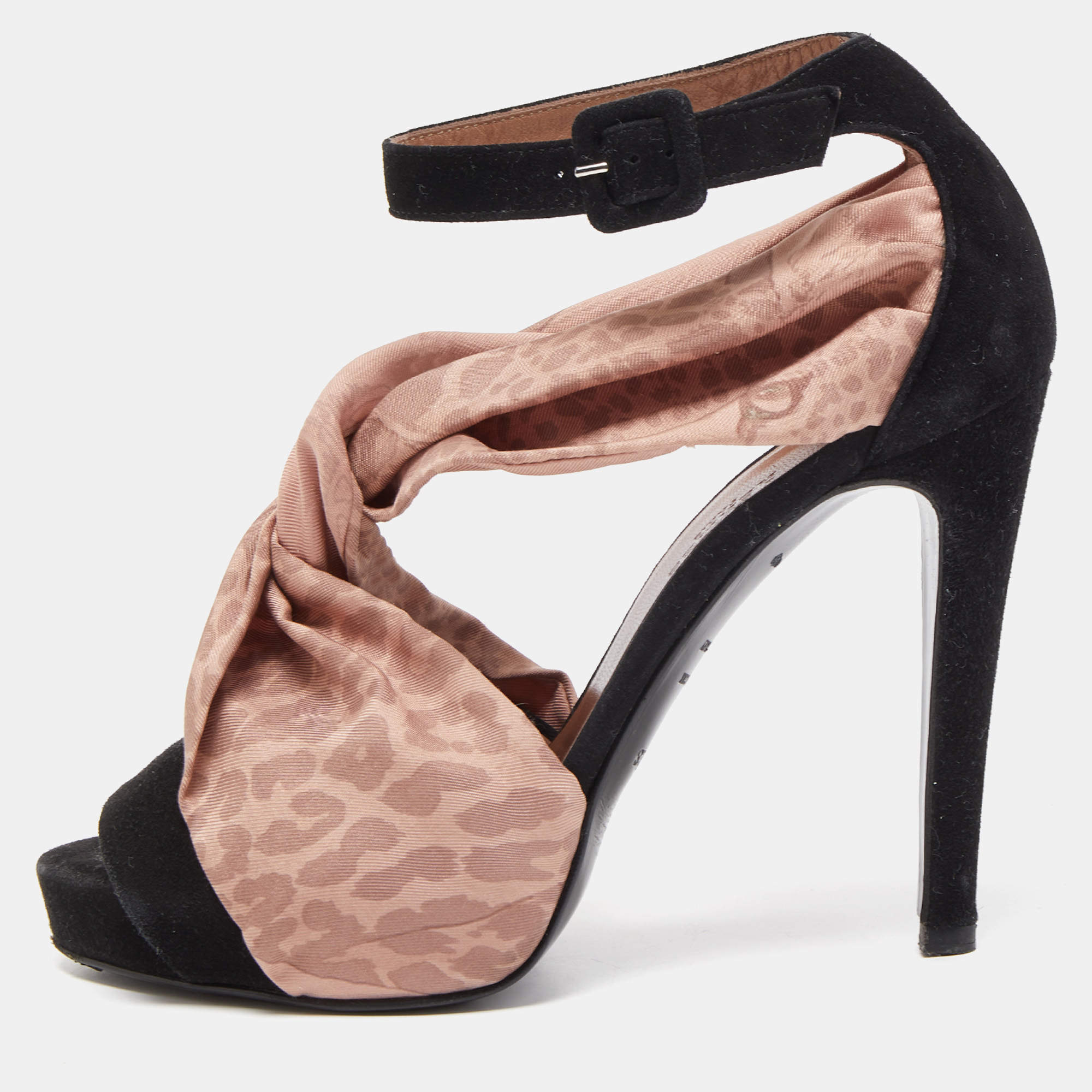 Pre Owned Hermes Black/Beige Suede and Fabric Ankle Strap Sandals Size 37