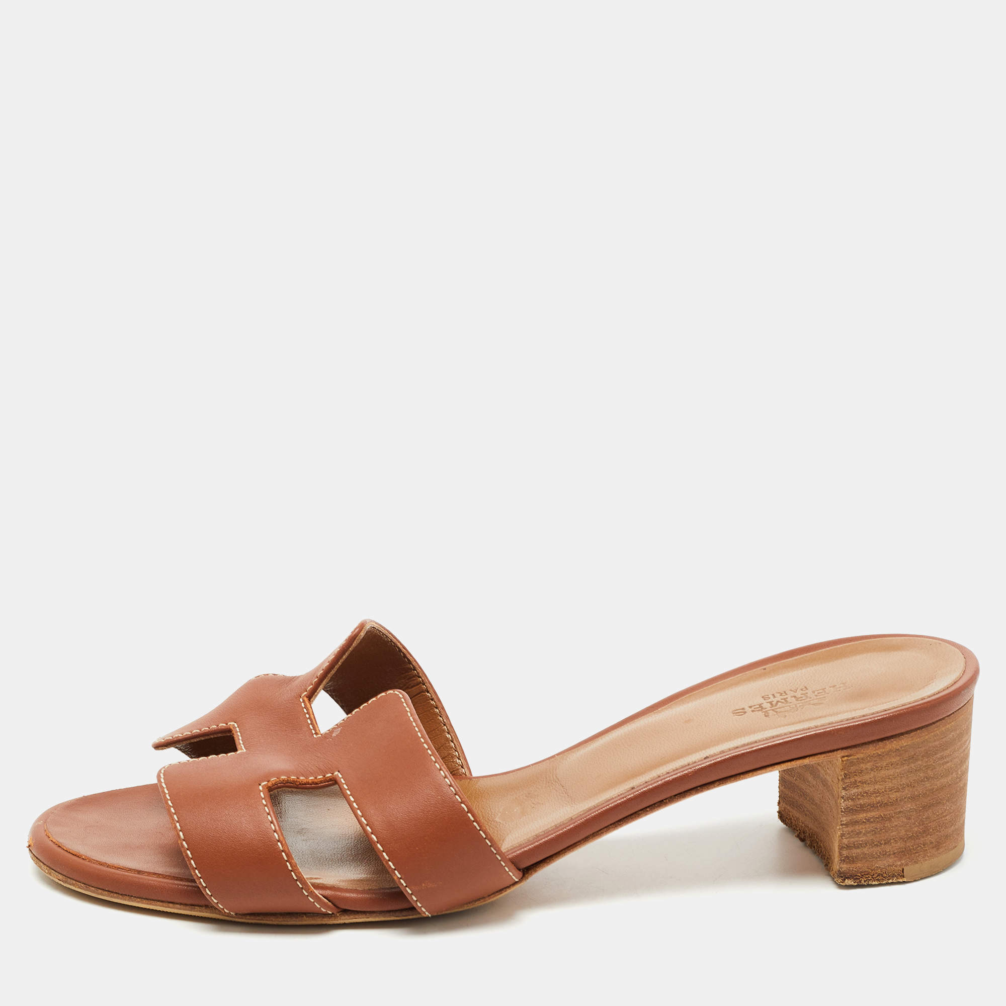 Hermes Brown Leather Oasis Slide Size 36