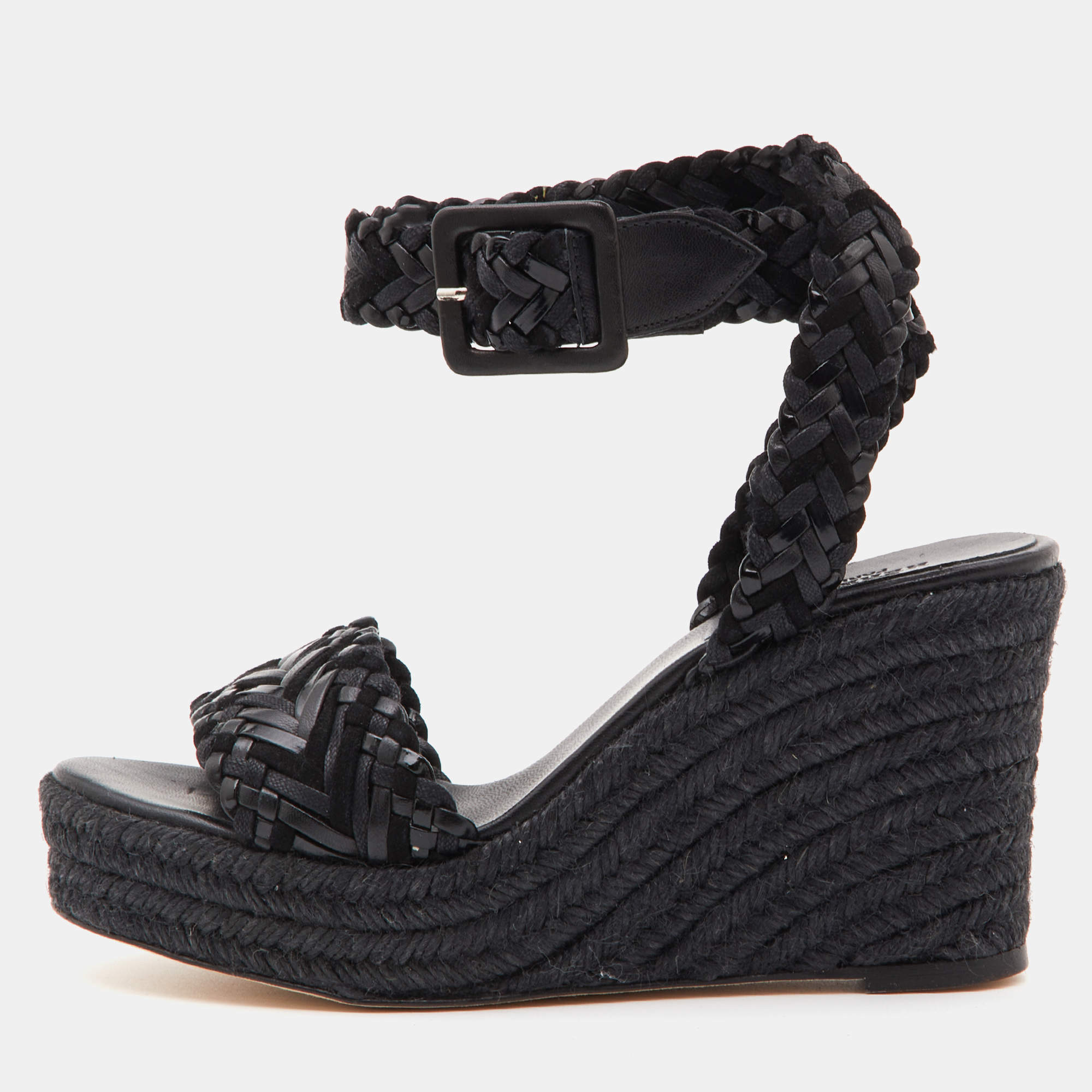 Pre Owned Hermes Black Woven Leather and Suede Sophia Espadrille Sandals Size 37