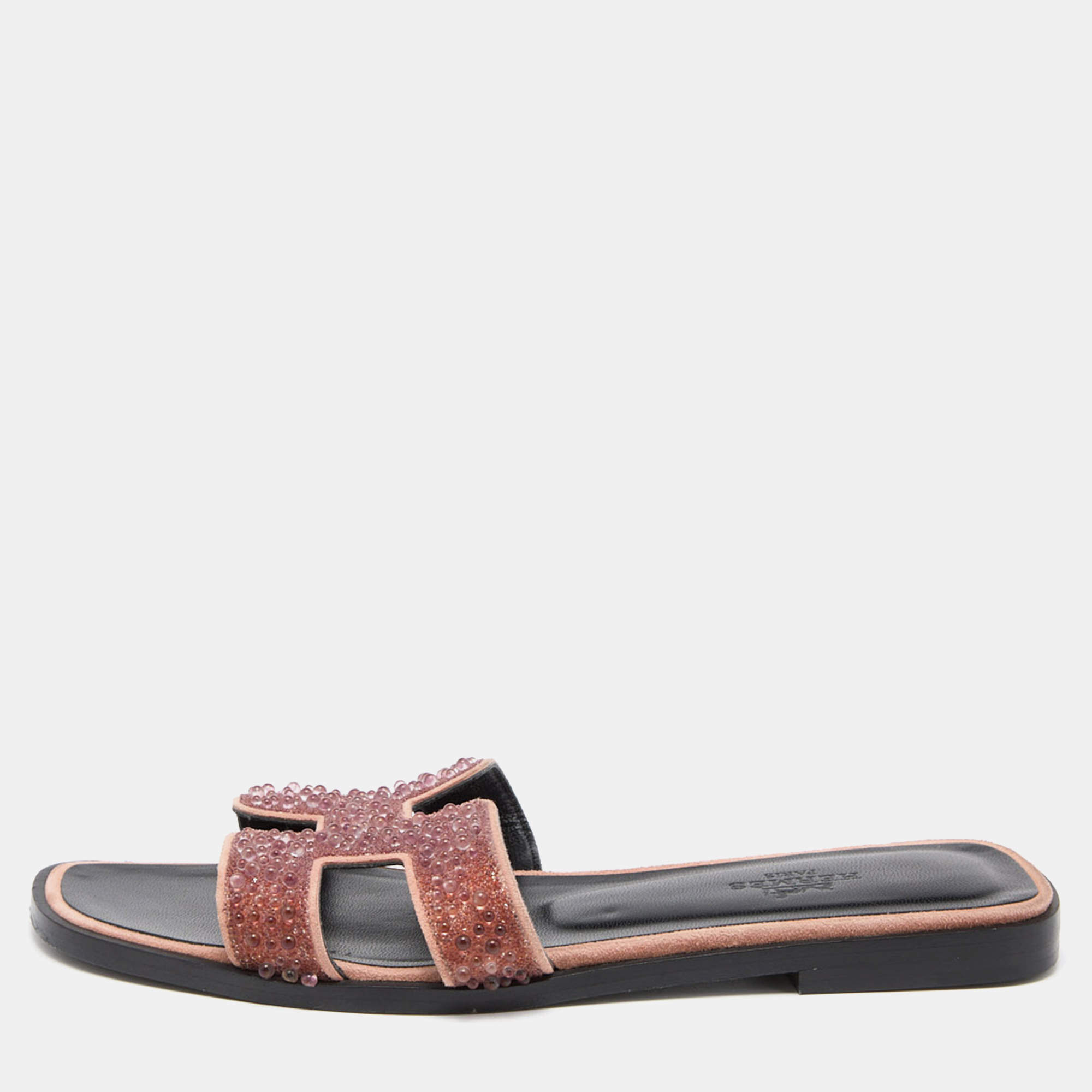 Hermes Pink Beads Embellished Leather Oran Flat Slides Size 35.5