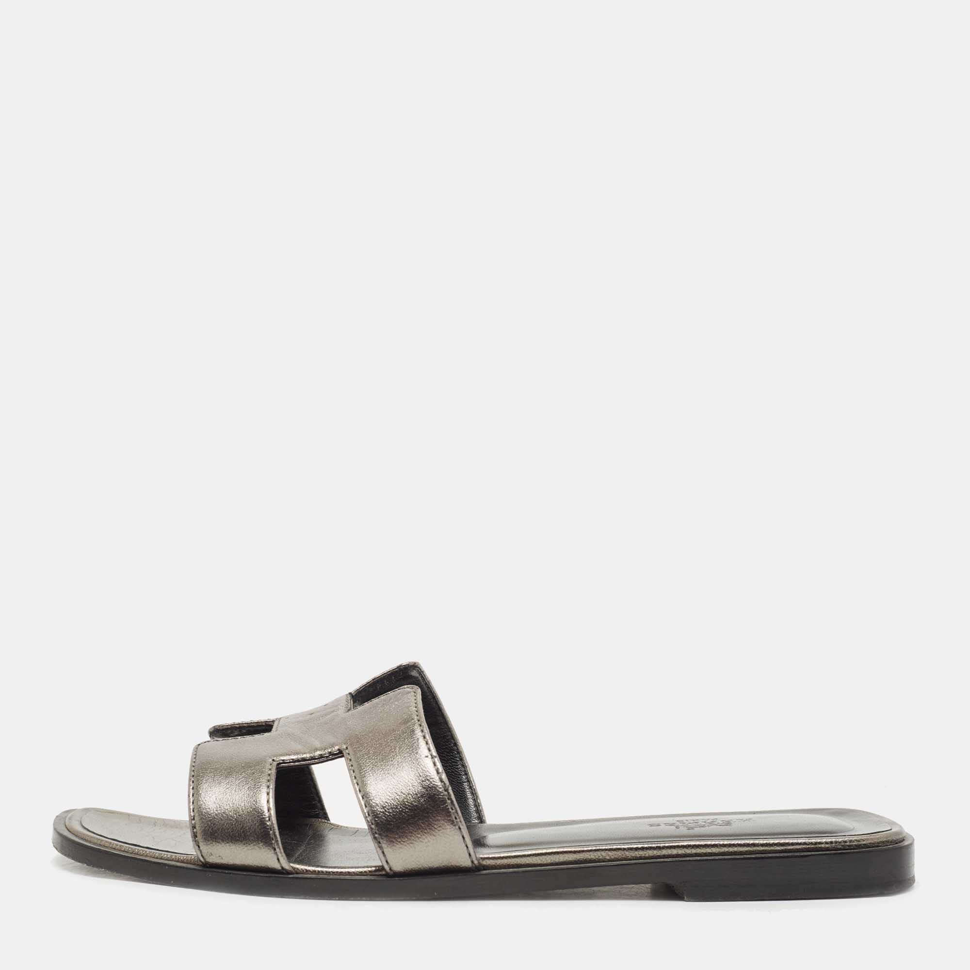 Hermes Metallic Bronze  Leather Oran Slide Flats Size 37