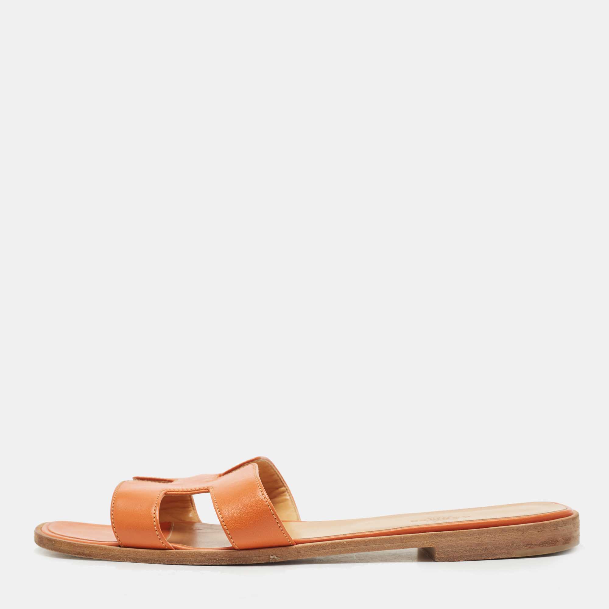 Pre Owned Hermes Orange Leather Oran Flat Slides Size 41