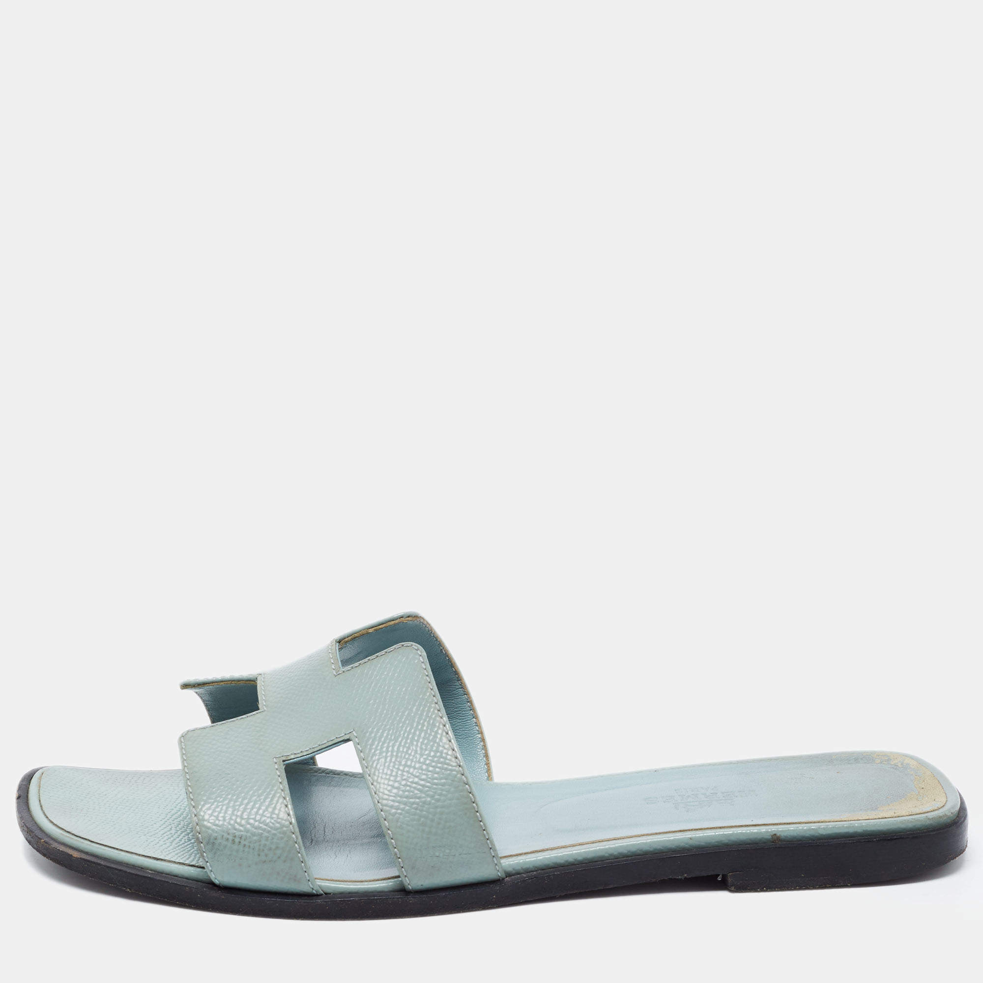 Pre Owned Hermes Blue Leather Oran Flat Slides Size 38.5