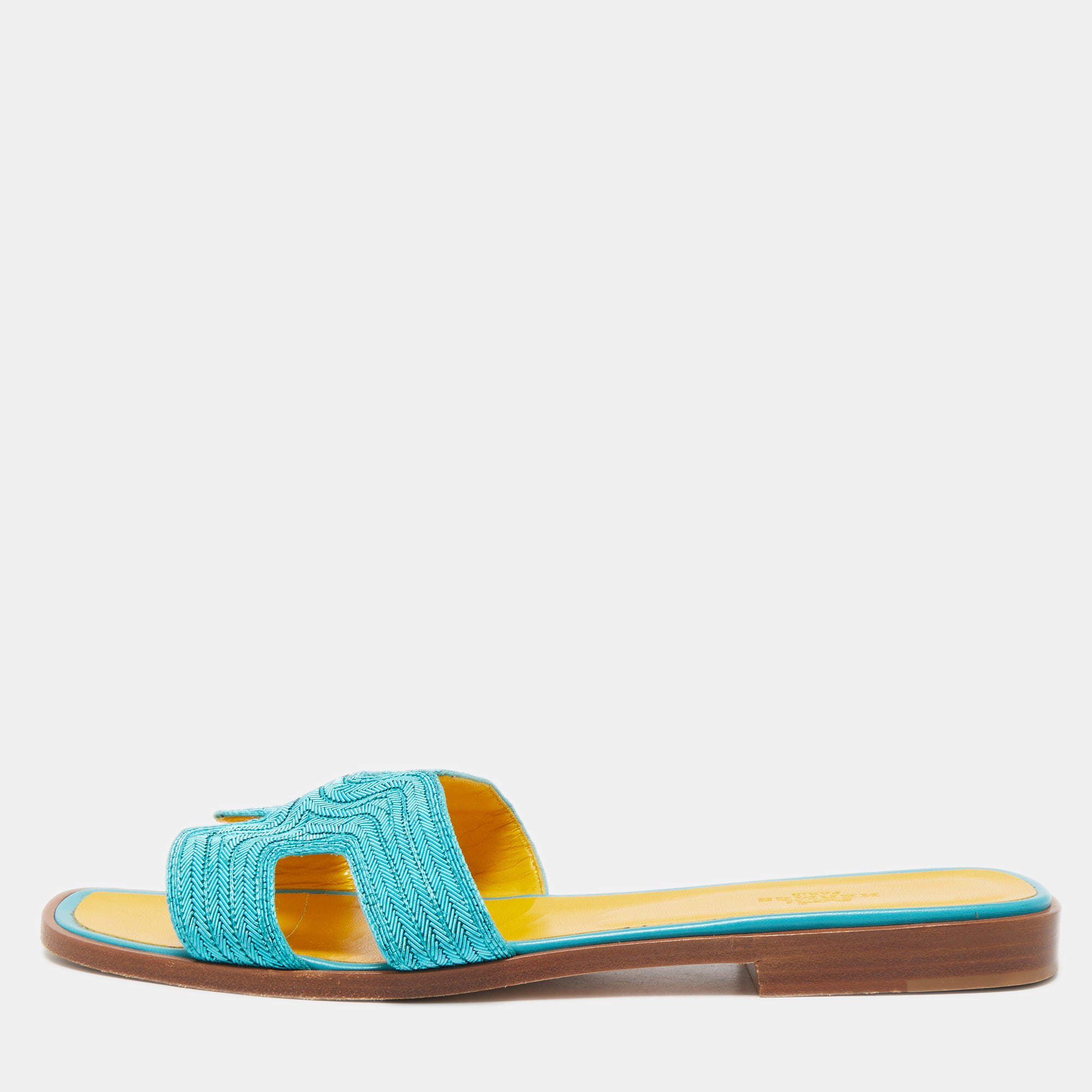 Hermes Blue Twisted Metal Thread Oran Flat Slides Size 39
