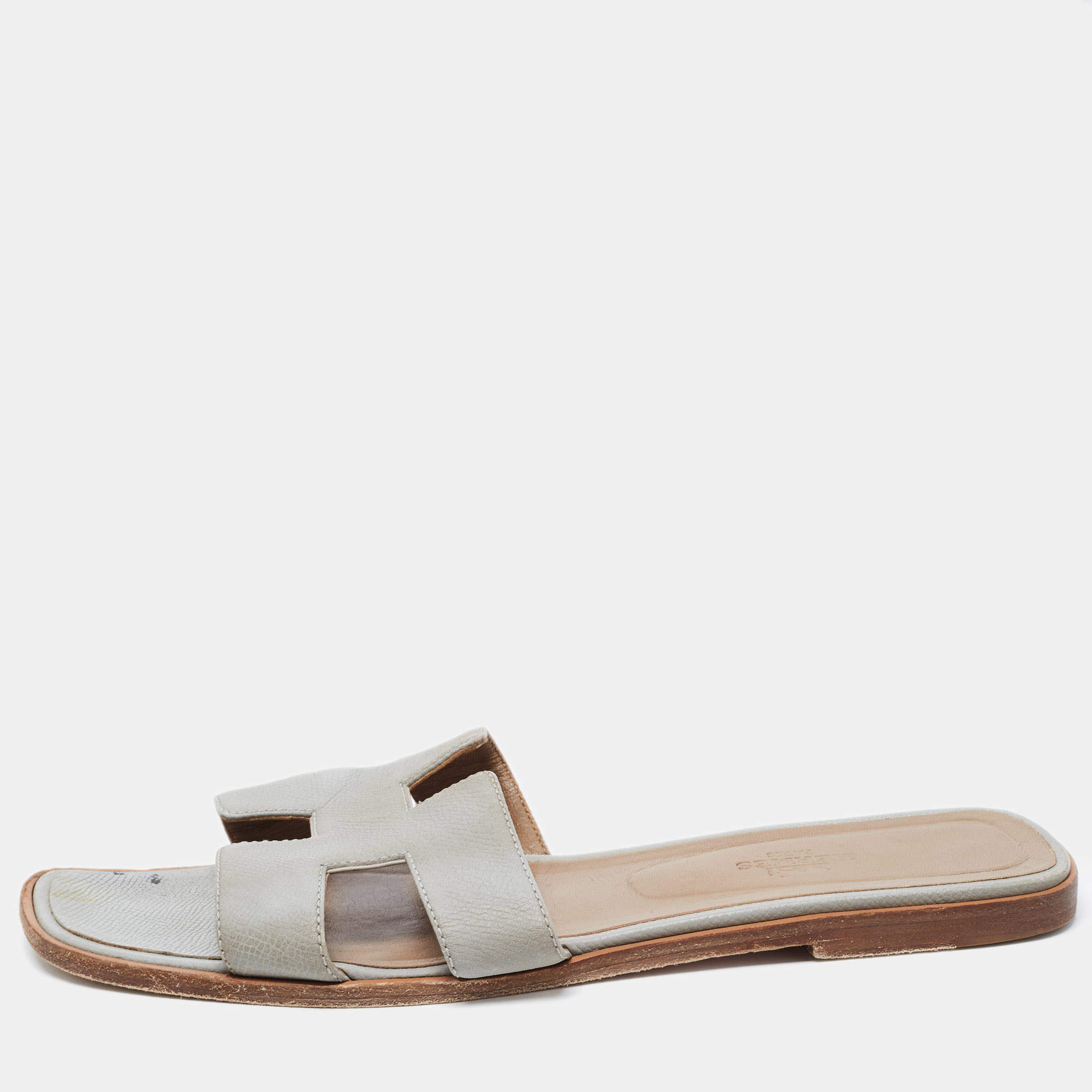 Hermes Grey Textured Leather Oran Flat Slides Size 41