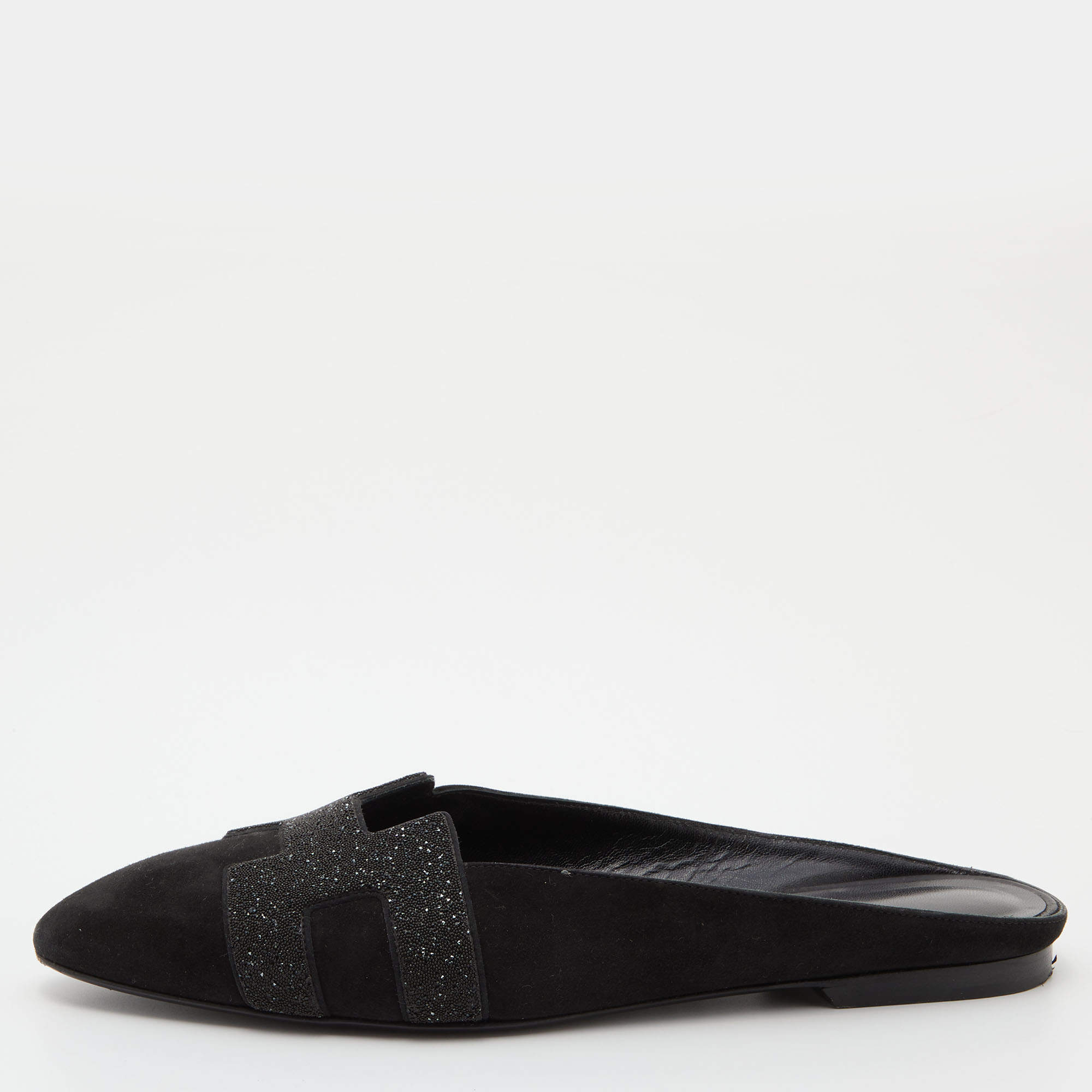 Hermes Black Suede and Beads Powder Roxane Flat Mules Size 38