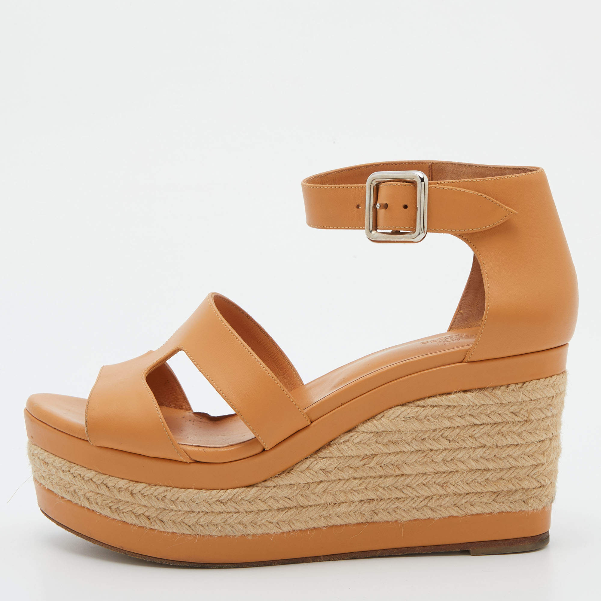 Hermes Tan Leather Ilana Espadrille Wedge Sandals Size 38