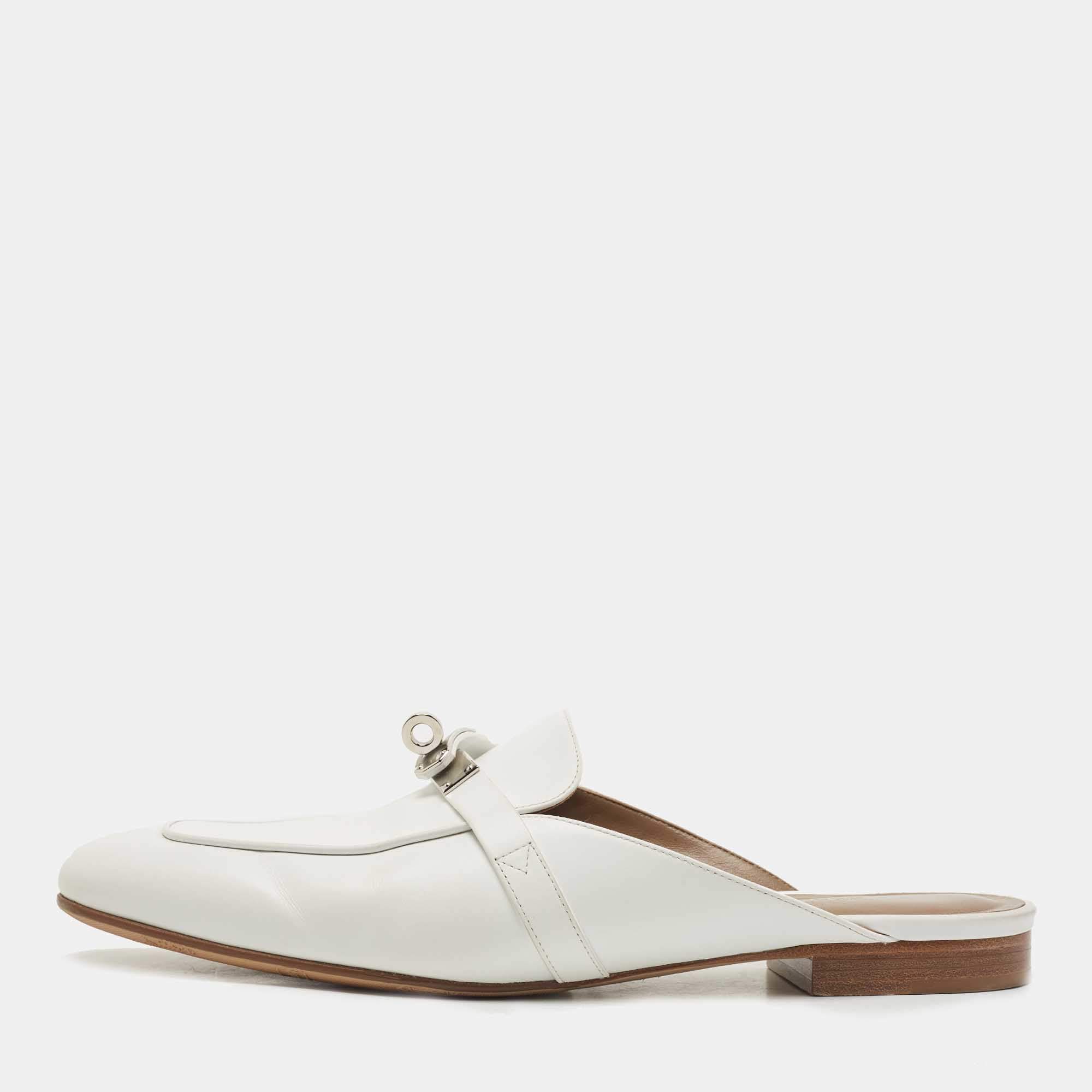 Hermes White Leather Oz Flat Mules Size 41