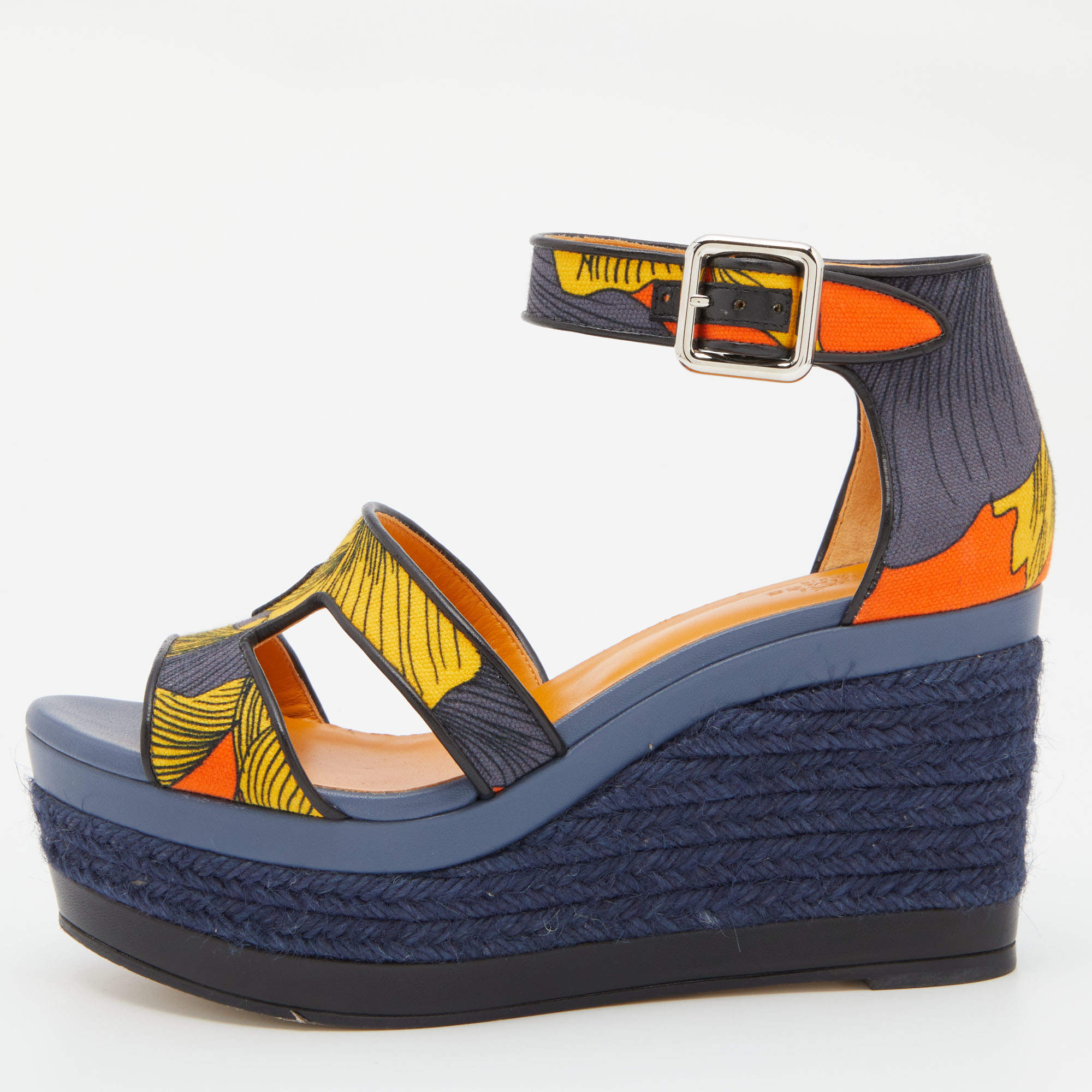 Pre Owned Hermes Multicolor Printed Canvas Ilana Espadrille Wedge Platform Ankle Cuff Sandals Size 37