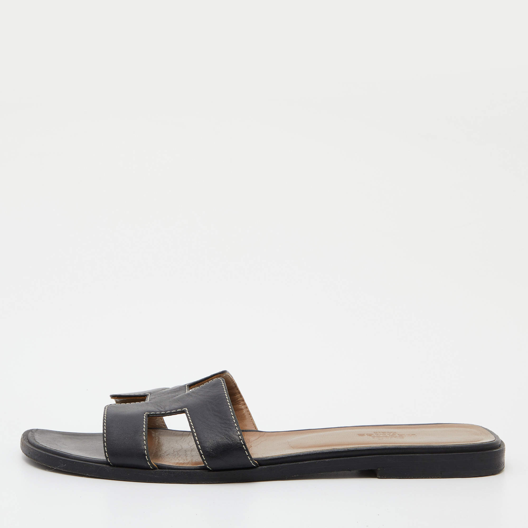Hermes Black Leather Oran Sandals Size 38