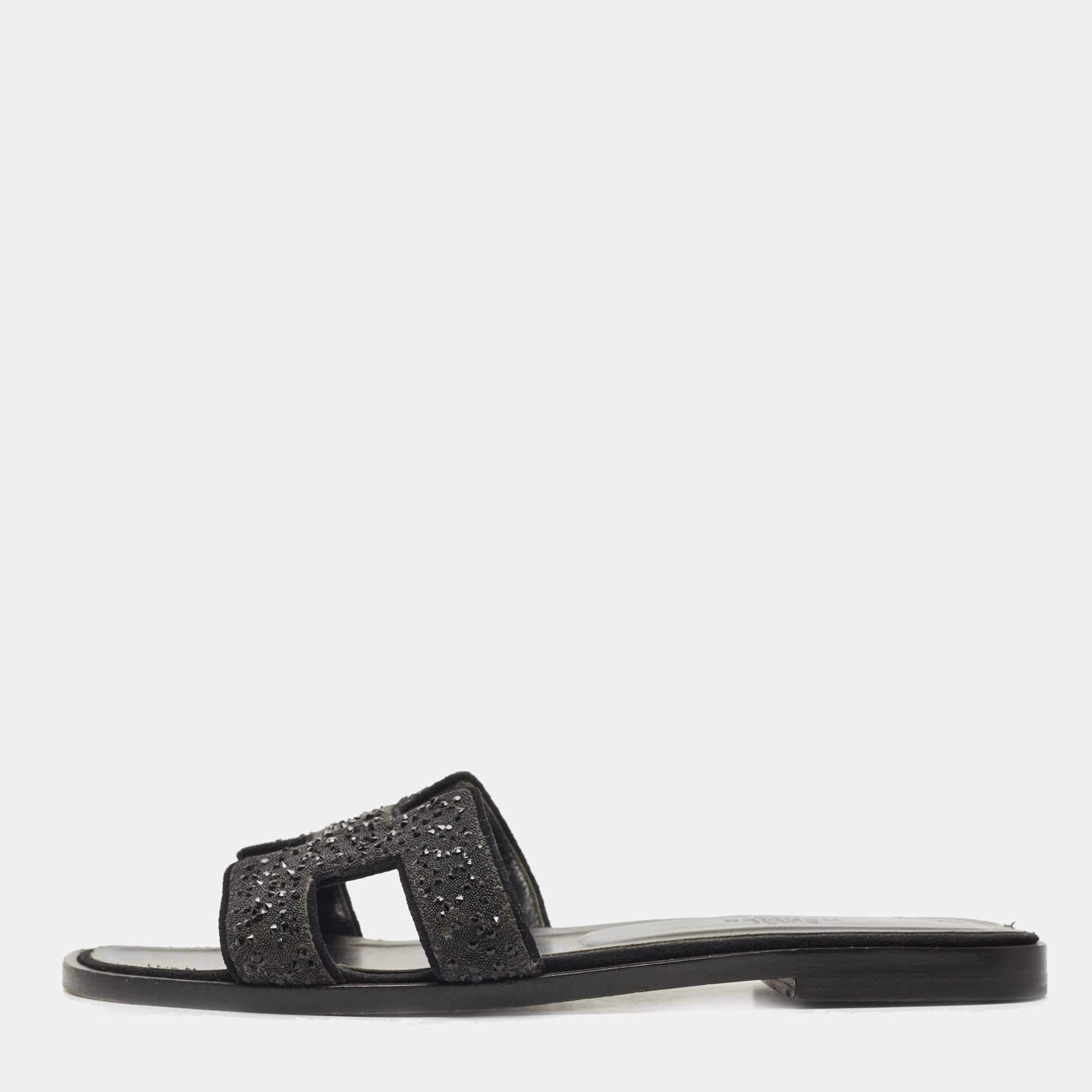 Hermes Black Crystal Embellished Suede Oran Flat Slides Size 39